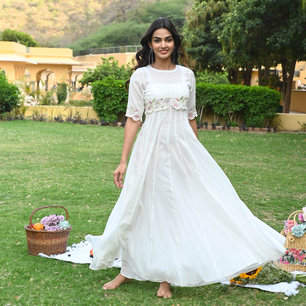 Moana White Round Neck Embroidered Cotton Dress for Women Online   UrbanStree