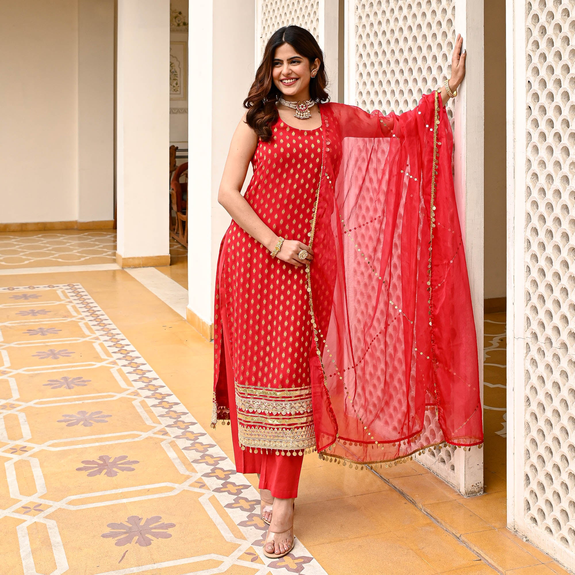 Sabya Red Designer Sleeveless Suit Set for Women Online