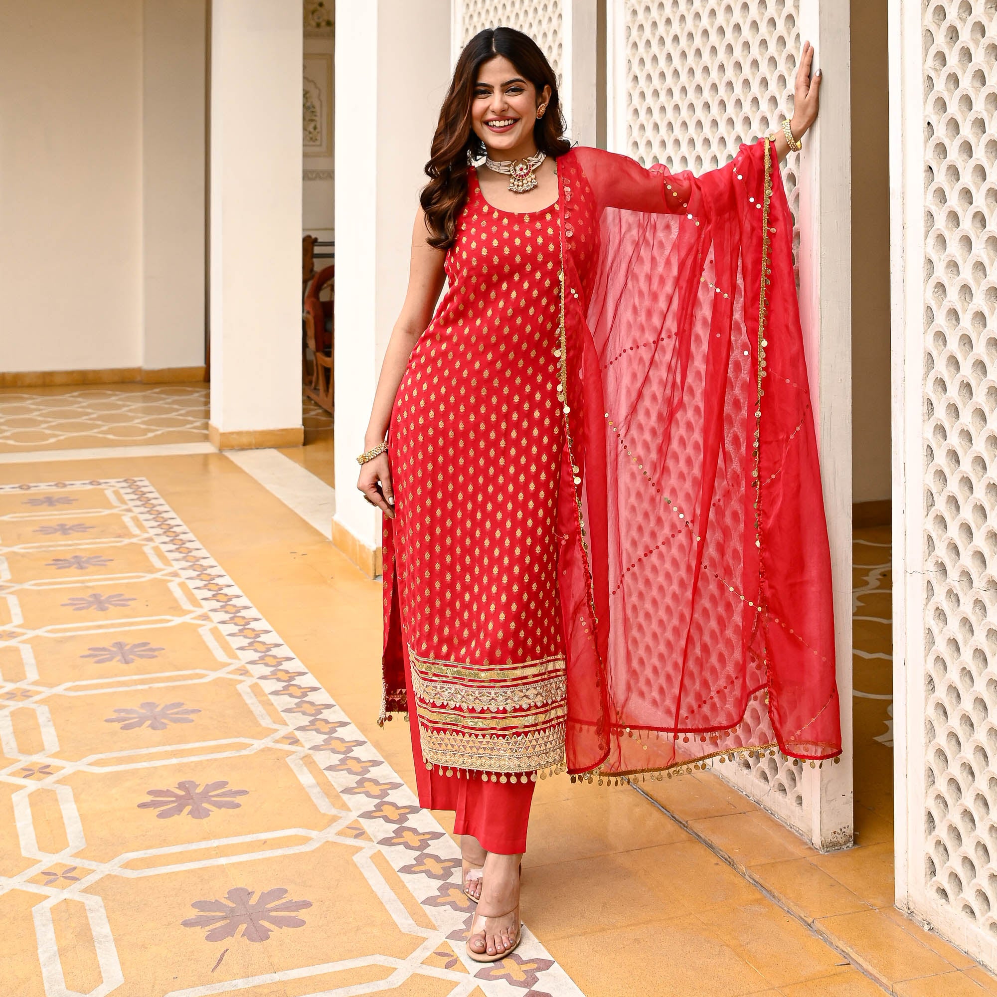 Sabya Red Designer Sleeveless Suit Set for Women Online