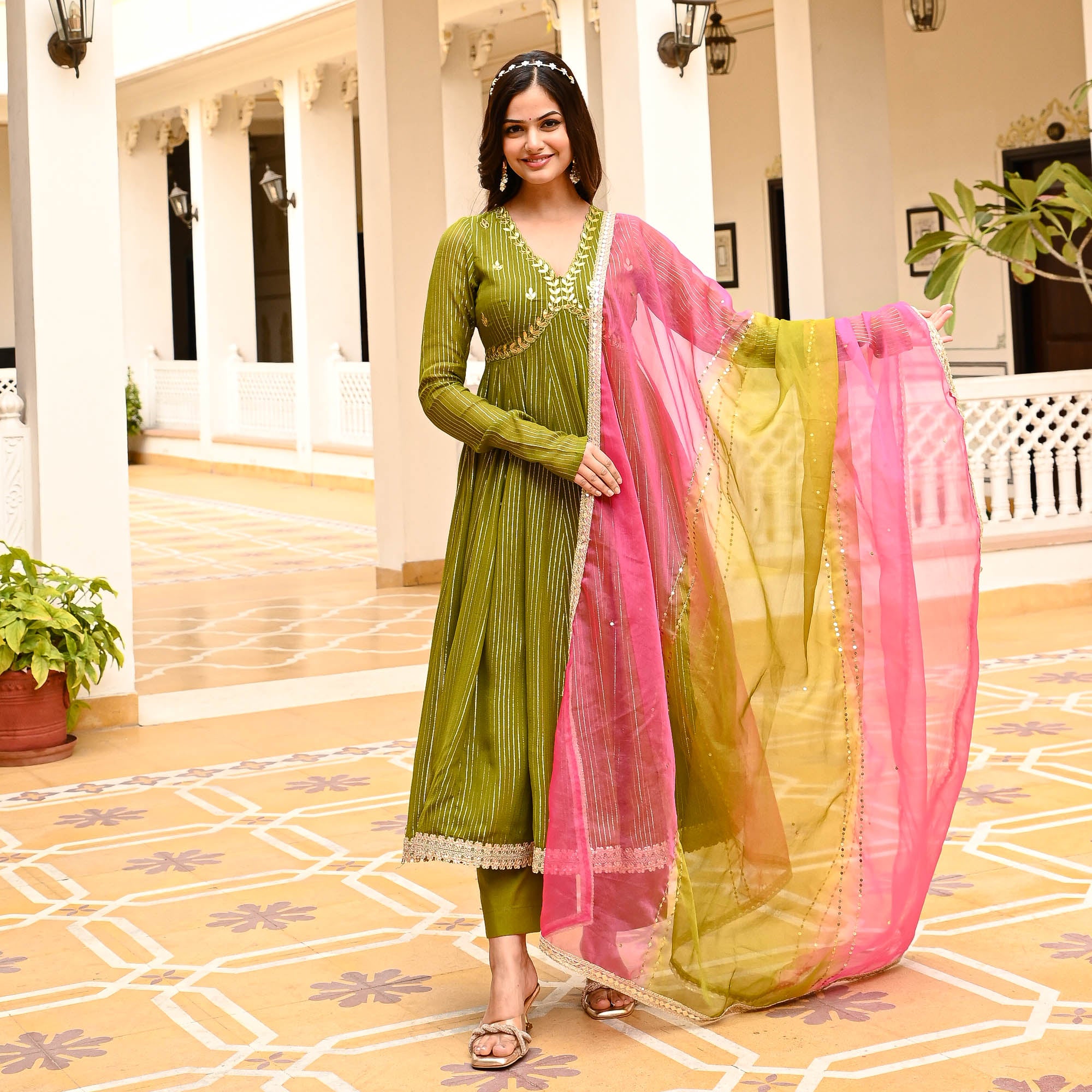 Drisha Green Full Sleeve Designer Lurex Suit Set for Women Online