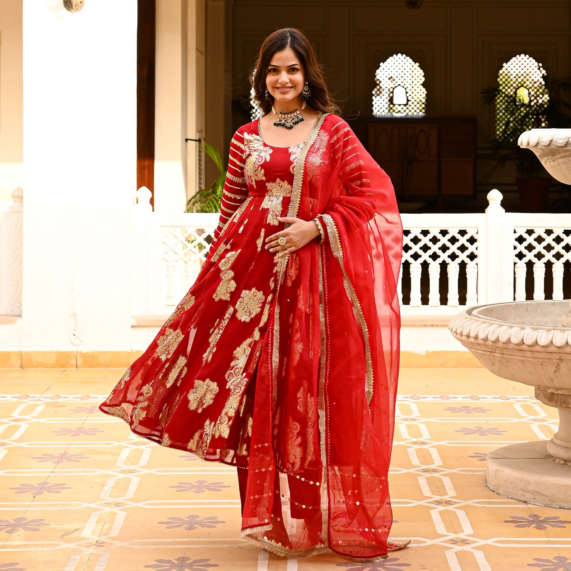 Laila Red Full Sleeve Designer Jacquard Anarkali for Women Online