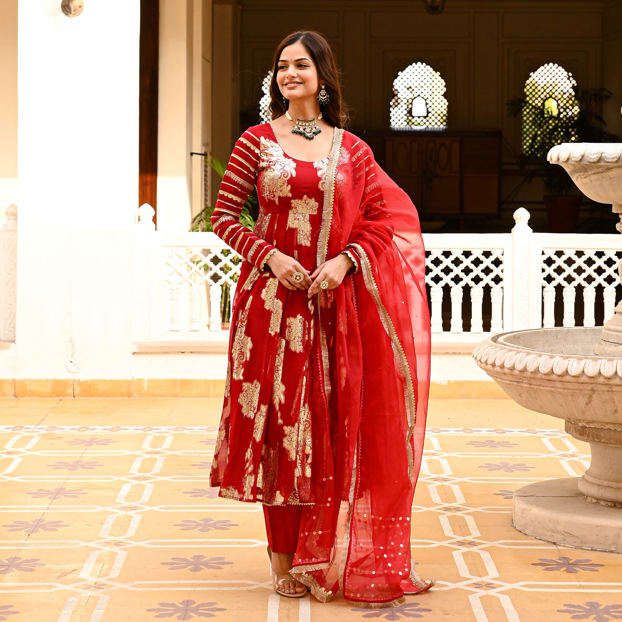 Red Jacquard Anarkali Suit for Women Online
