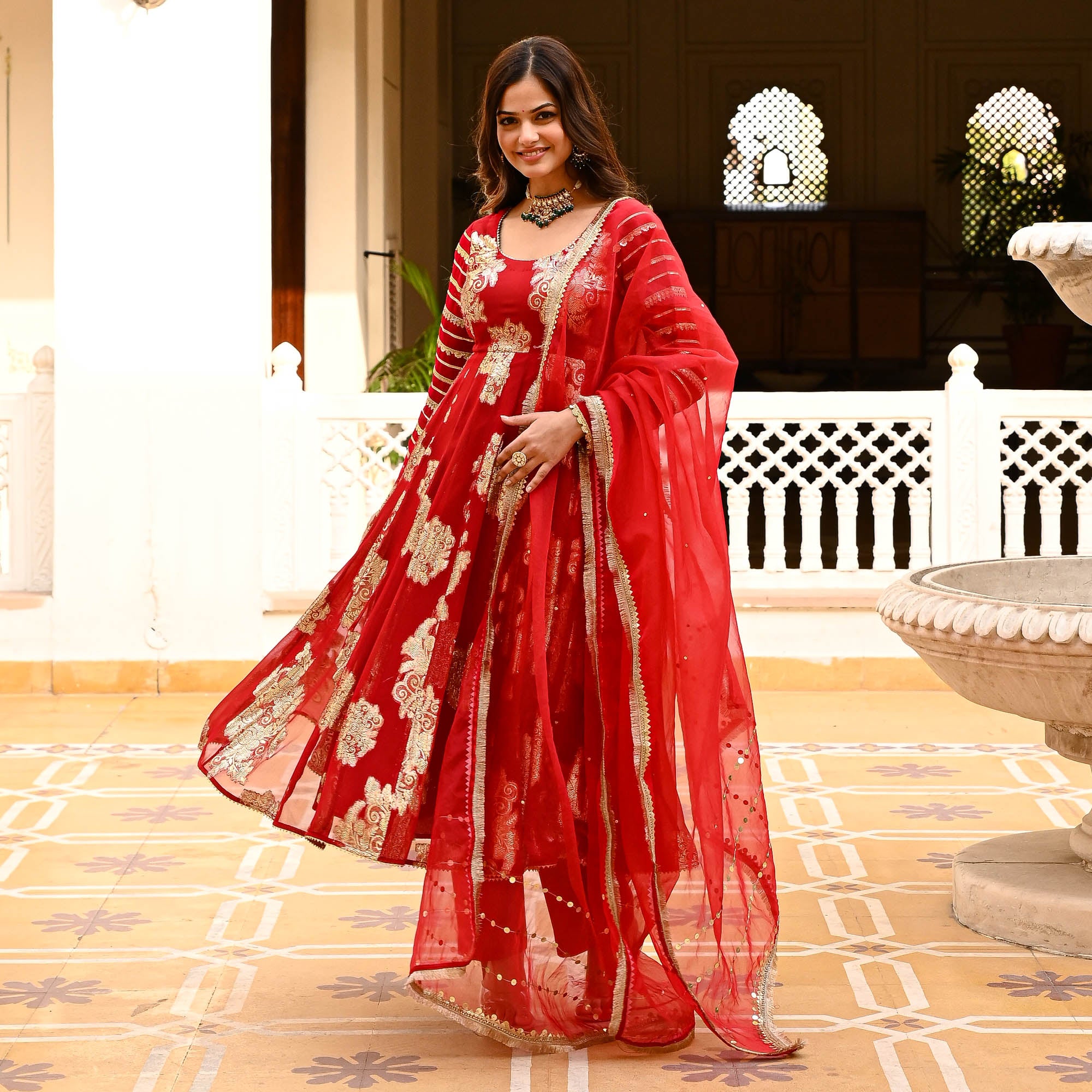 Red Jacquard Anarkali Suit for Women Online