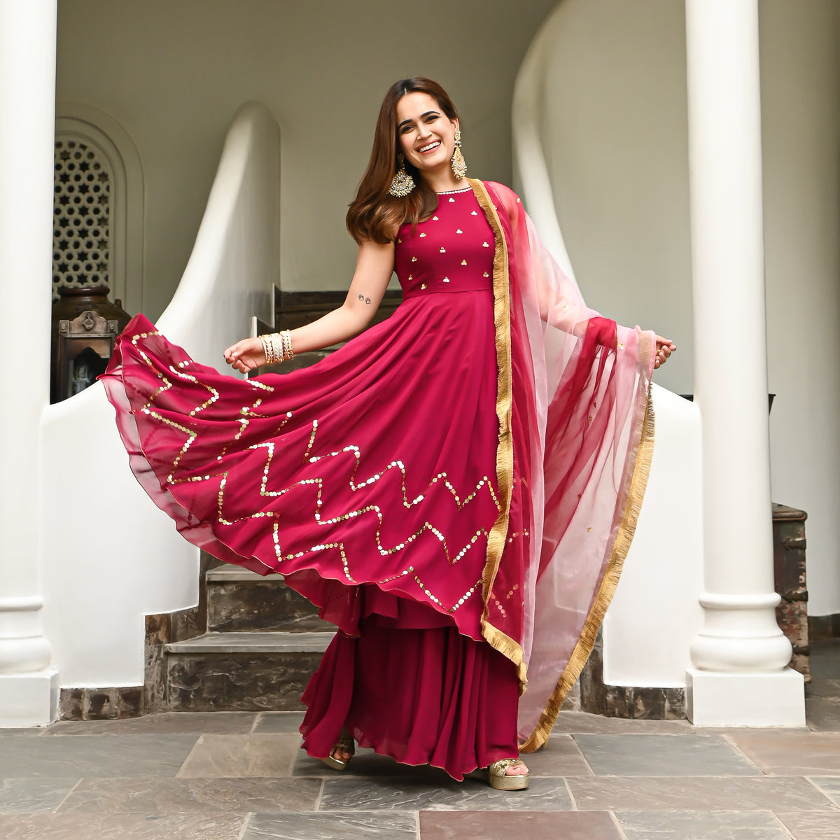 Hot pink Shimmer Silk Designer Hand kalira Bell Bottom Sharara suit with Heavy Gotta Woek Duppata