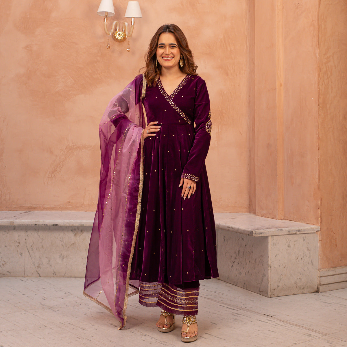 velvet anarkali dress designs Nawab Designer Wine Velvet Anarkali Suit Set for Women Online – UrbanStree