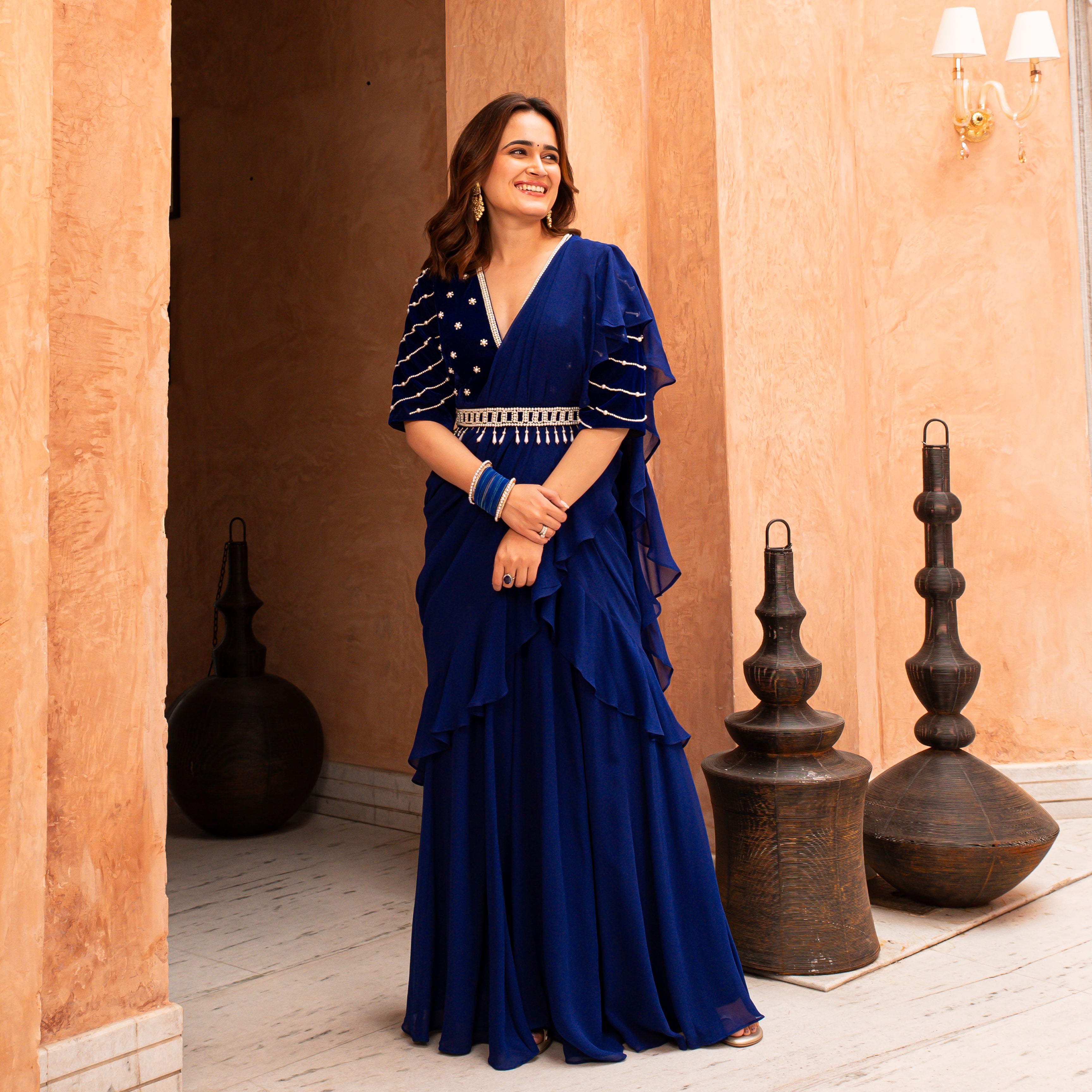 Blue Georgette Saree with Velvet Blouse for Women Online