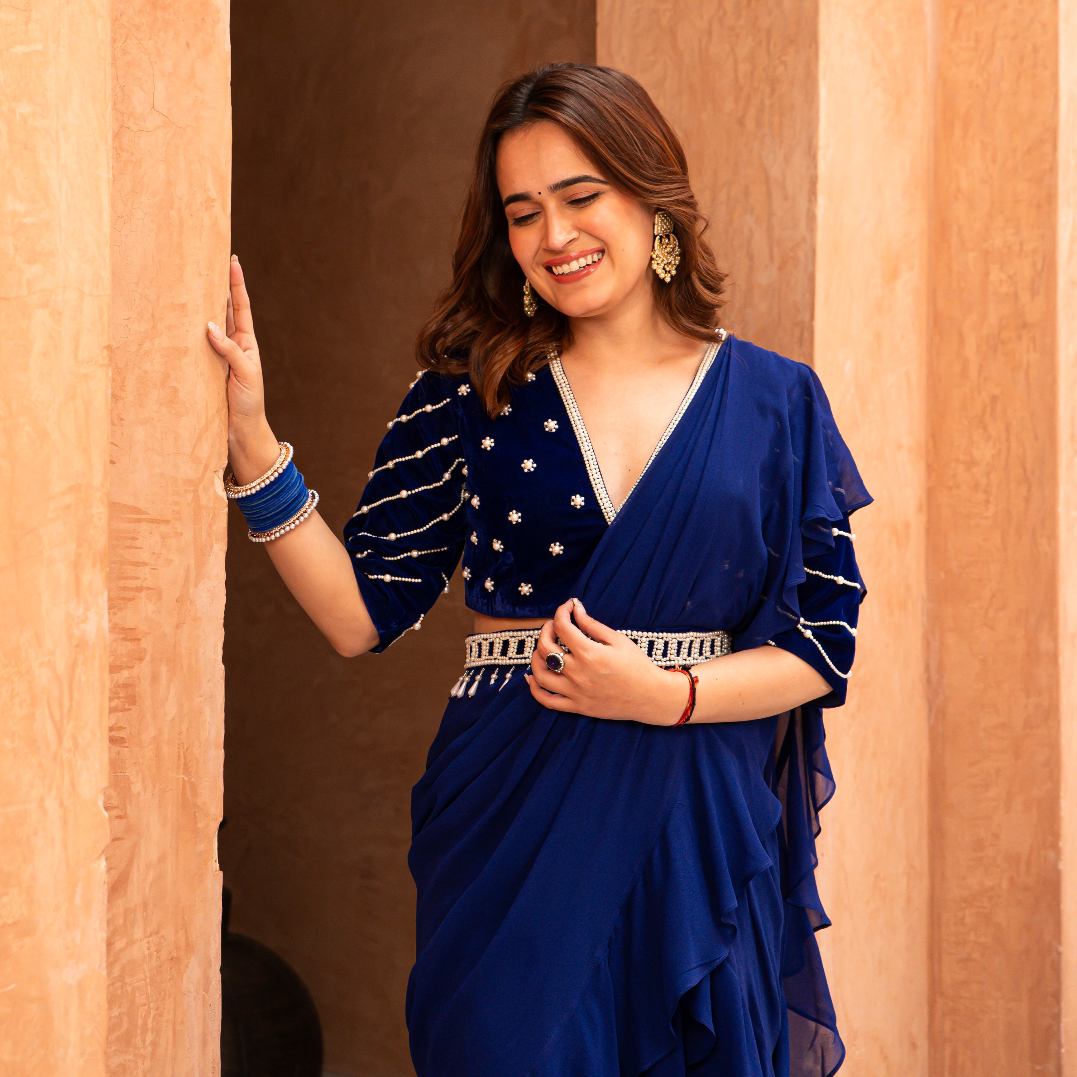 Blue Georgette Saree with Velvet Blouse for Women Online