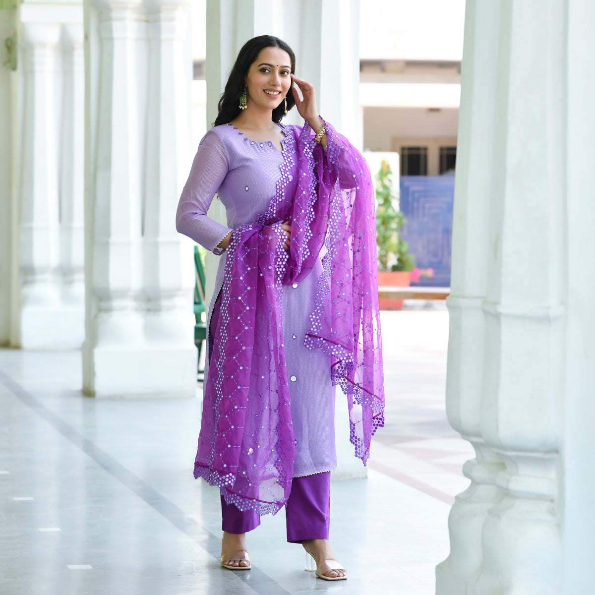 Red Abstract Printed Mirror Work Organza Straight Kurta