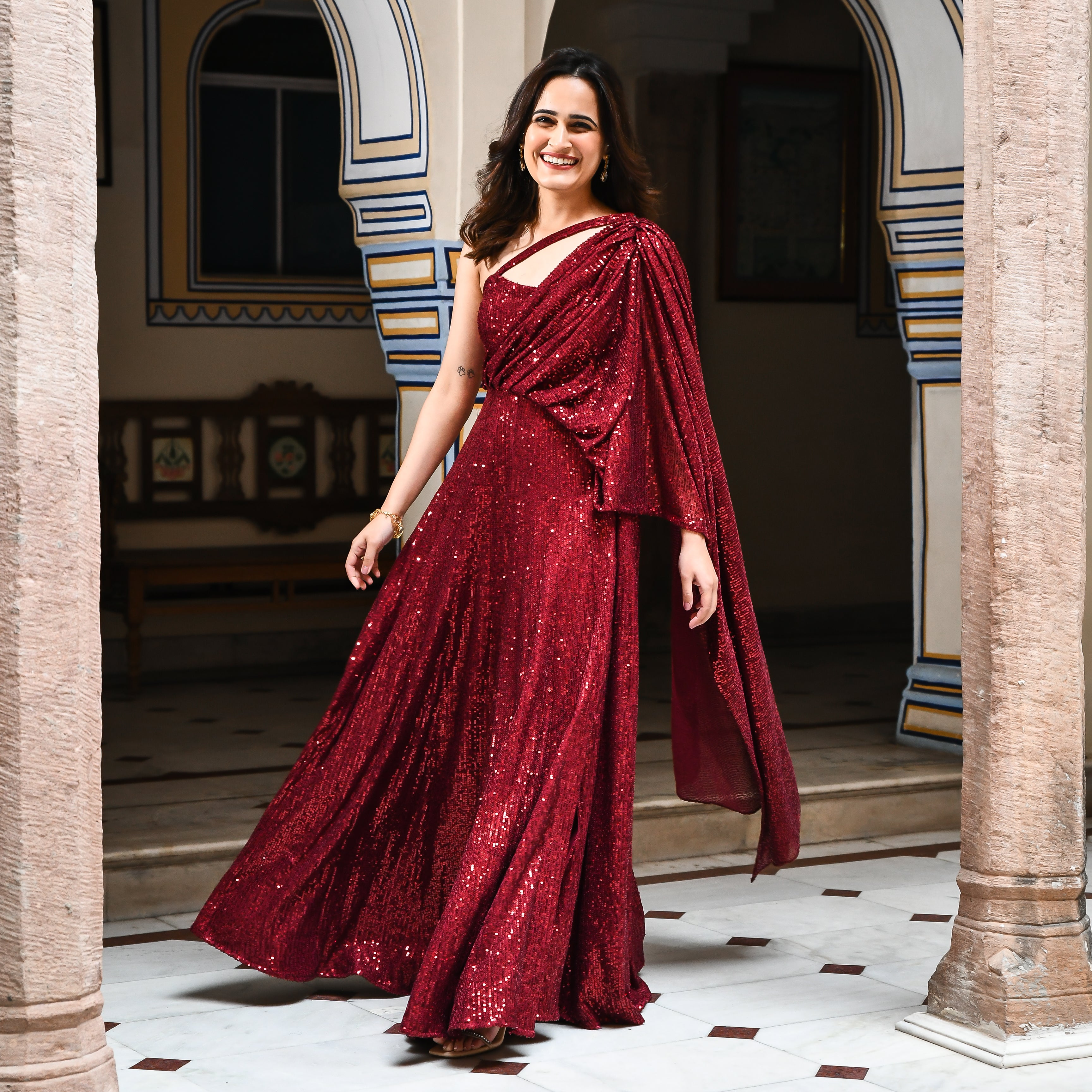 Ruby Maroon One Shoulder Party Wear Gown For Women Online