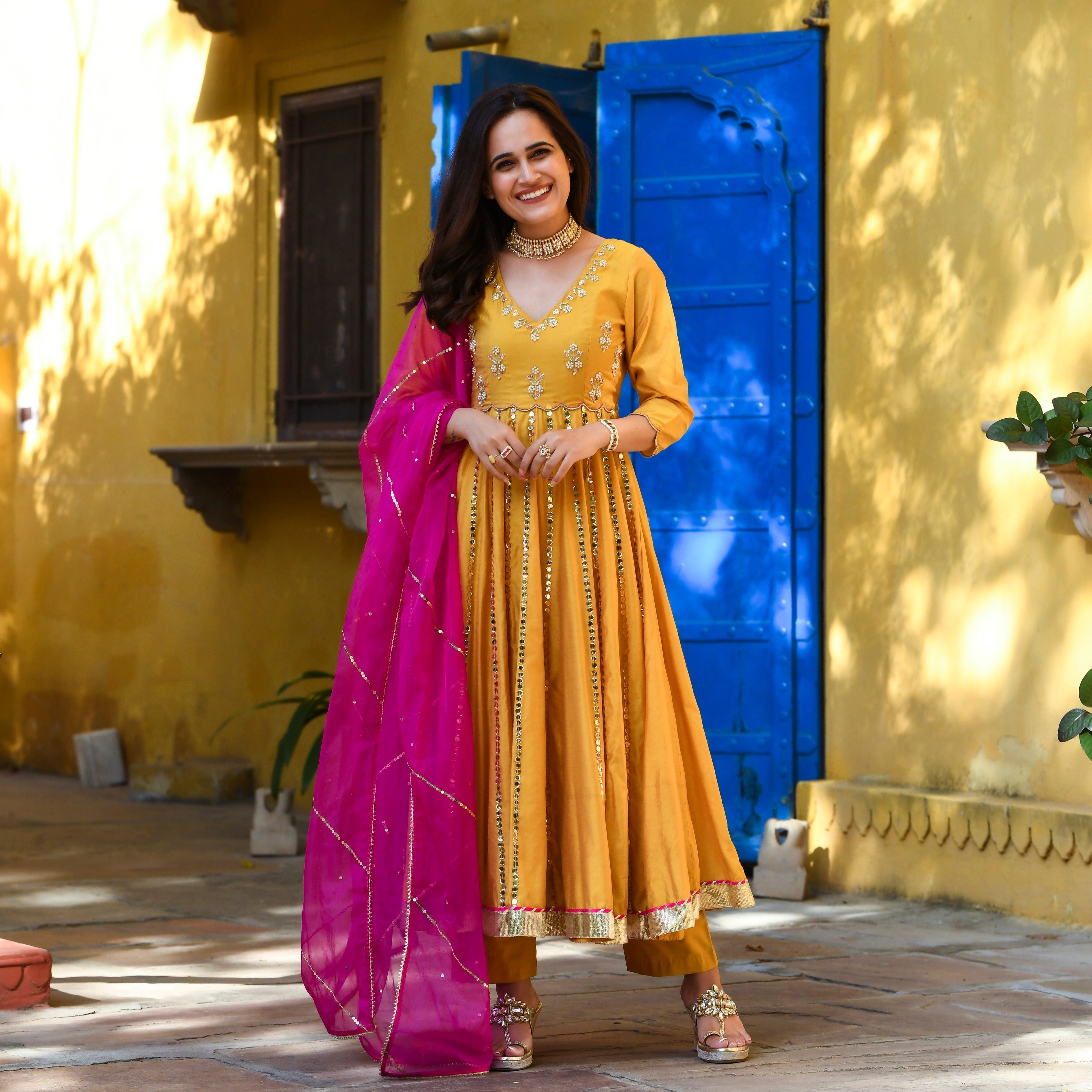 Suhana Designer Yellow Readymade Anarkali Suit Set for Women Online