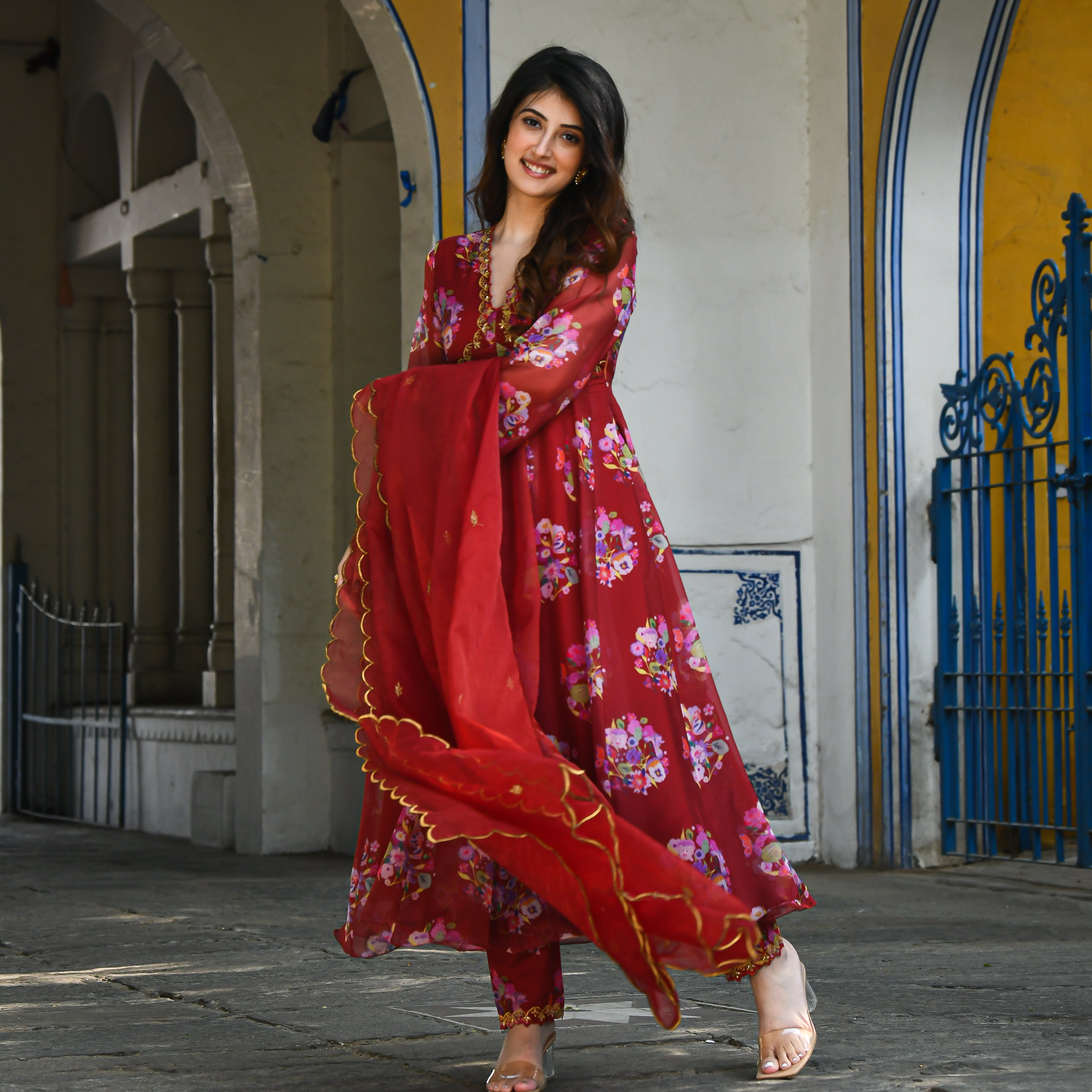 Maroon Floral Anarkali Suit Set for women online