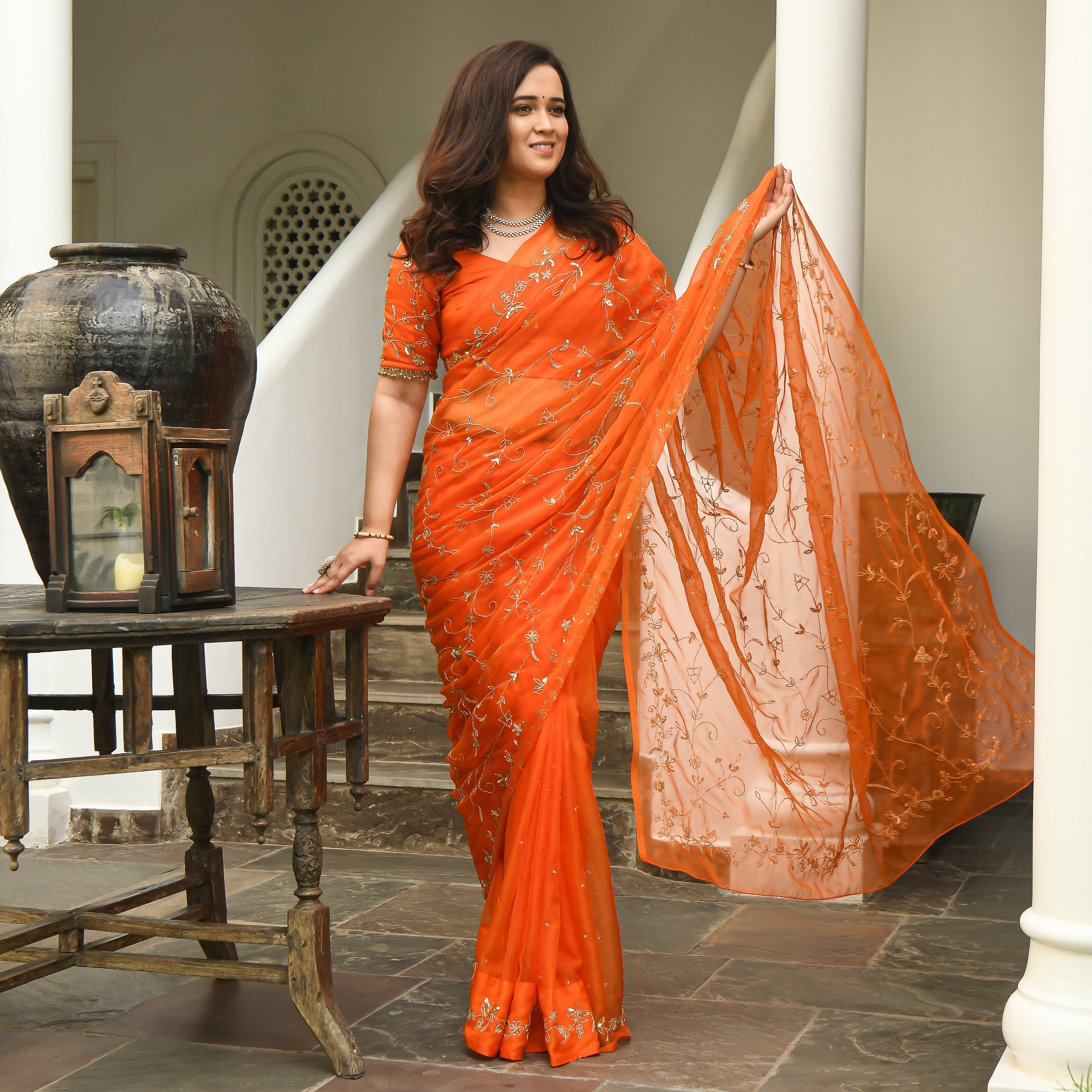  Meeraki Orange Designer Stylish Pleated Organza Saree Online