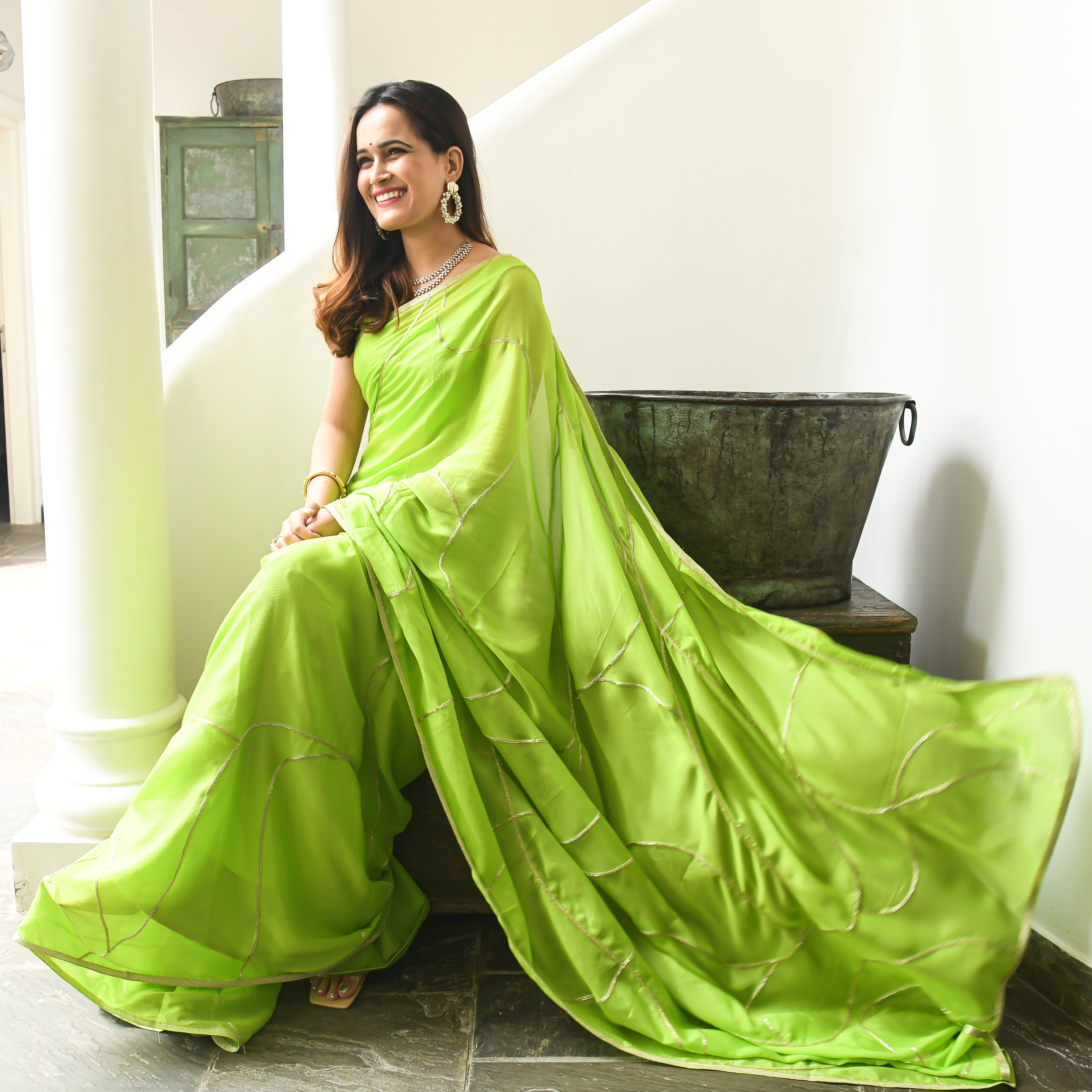 Mahroom Green Designer Stylish Pleated Chiffon Saree Online