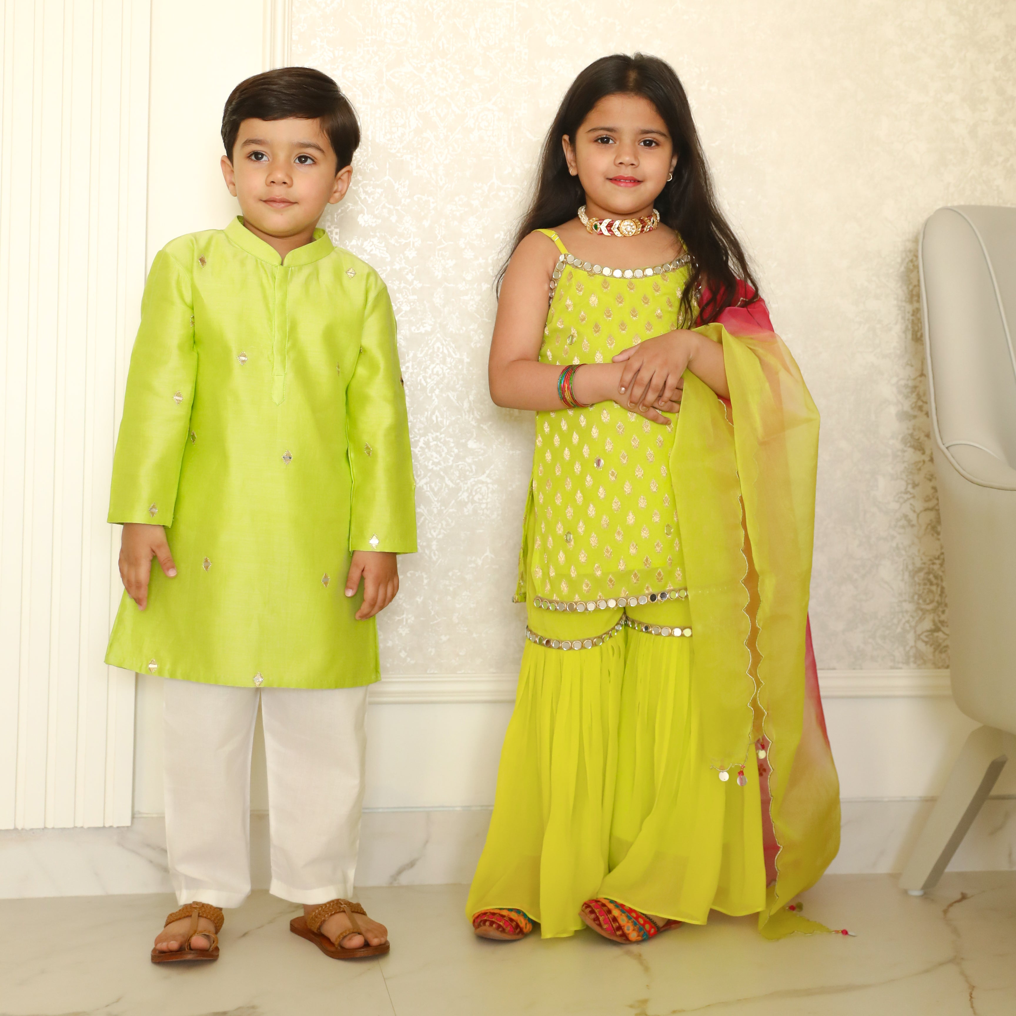 Bitiya Green Designer Jacquard Suit Set For Girl Online