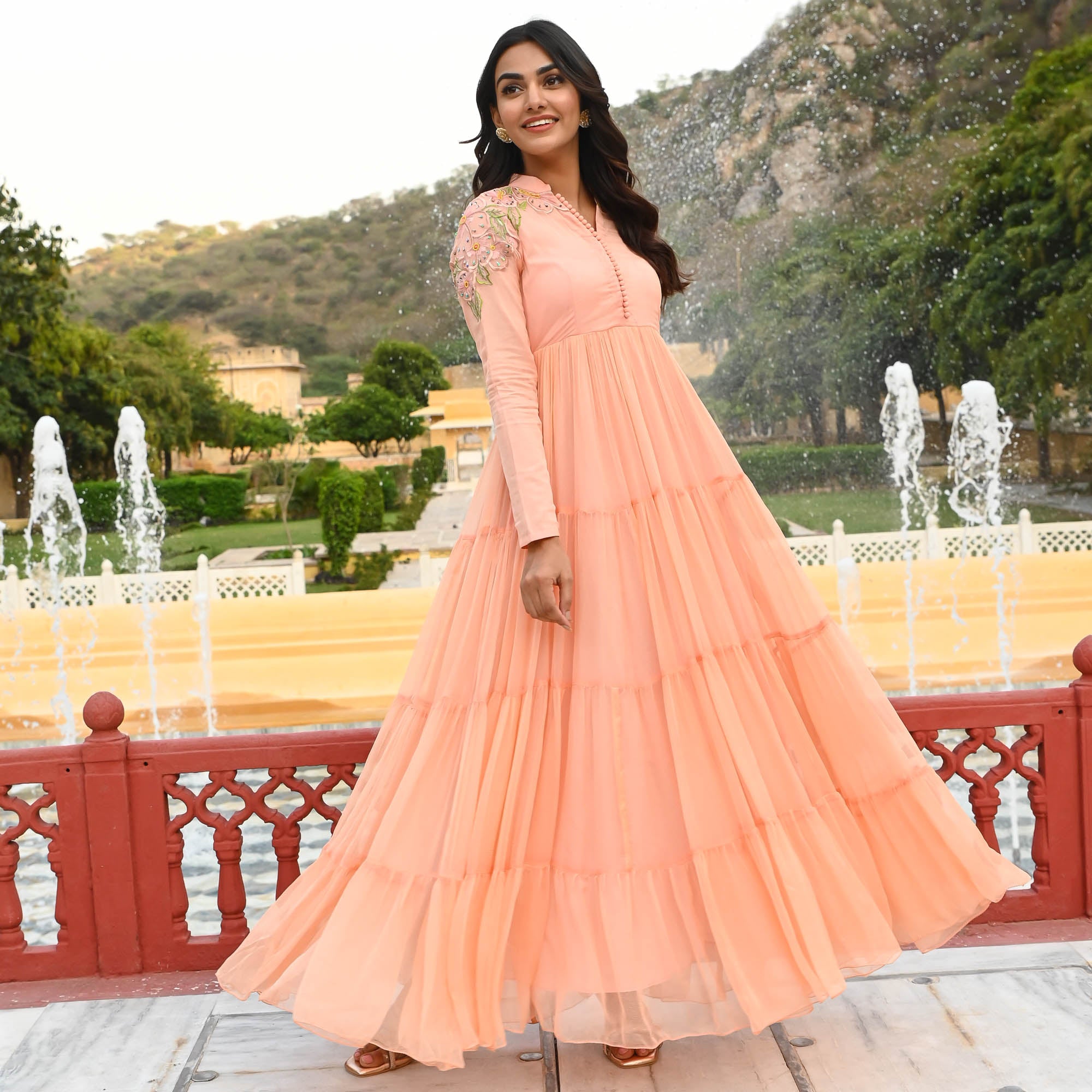 Cotton Candy Peach Designer Chiffon Dress for Women Online UrbanStree Cotton Candy Peach Designer Chiffon Dress for Women Online UrbanStree