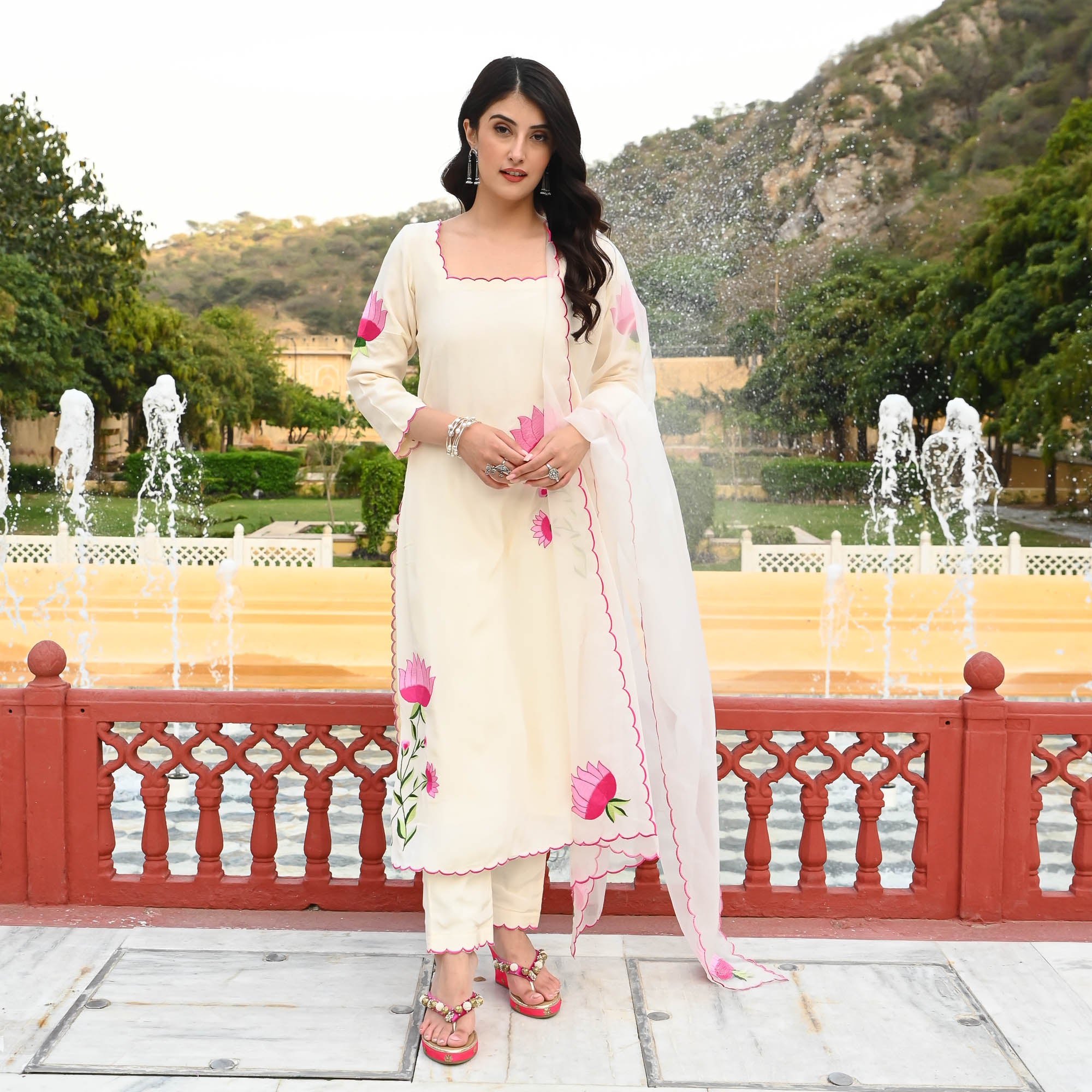 Beige Lotus Machine Embroidered Suit Set for Women Online