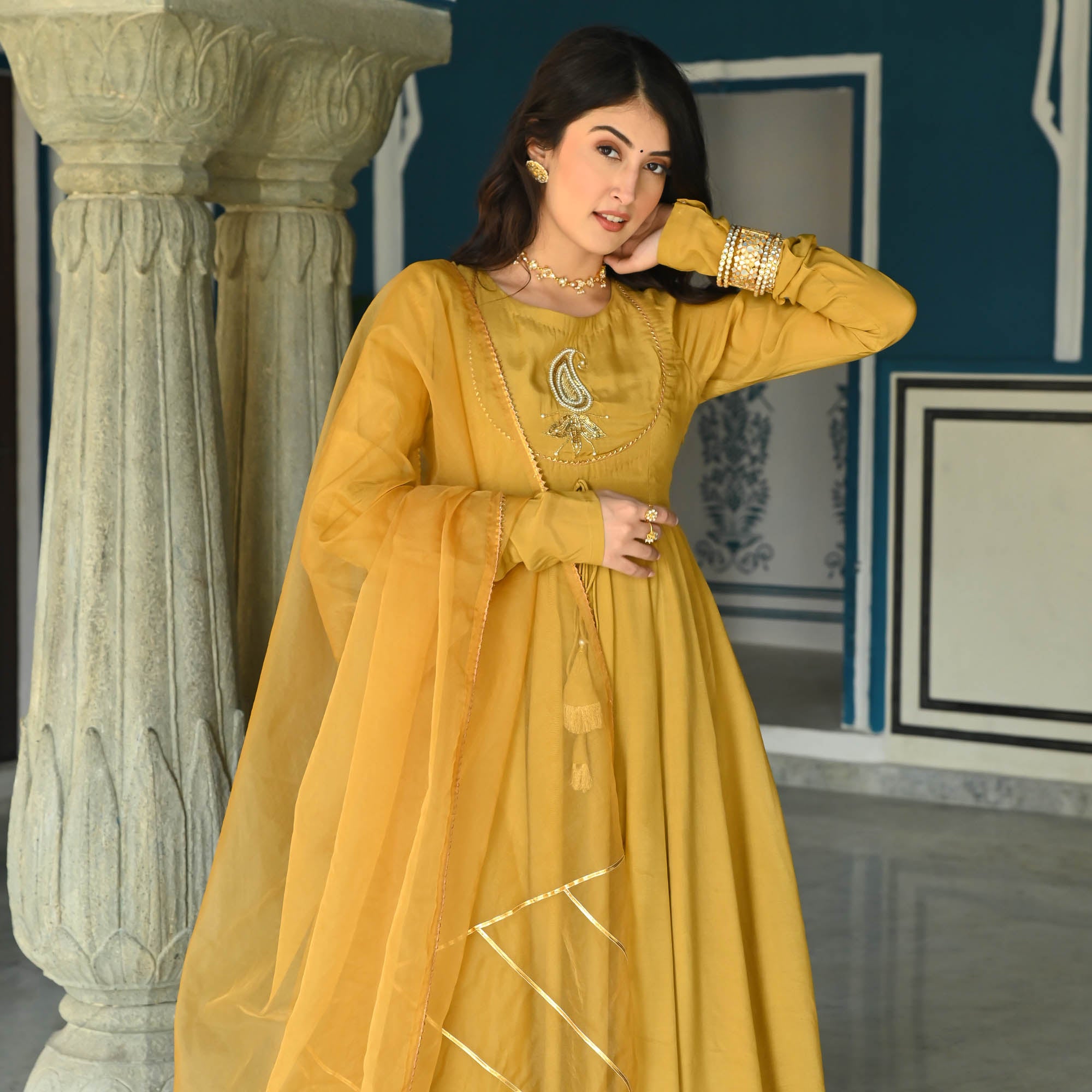 Yellow Full Sleeve Anarkali Suit Set for Women Online