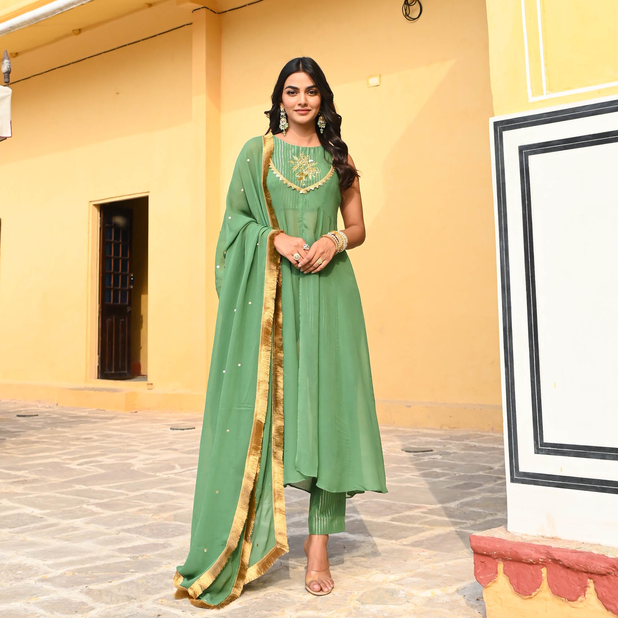 Janasya Indian V-Neck Half Sleeve Printed Light Green Poly Silk Ethnic Dress  For Women - Walmart.com