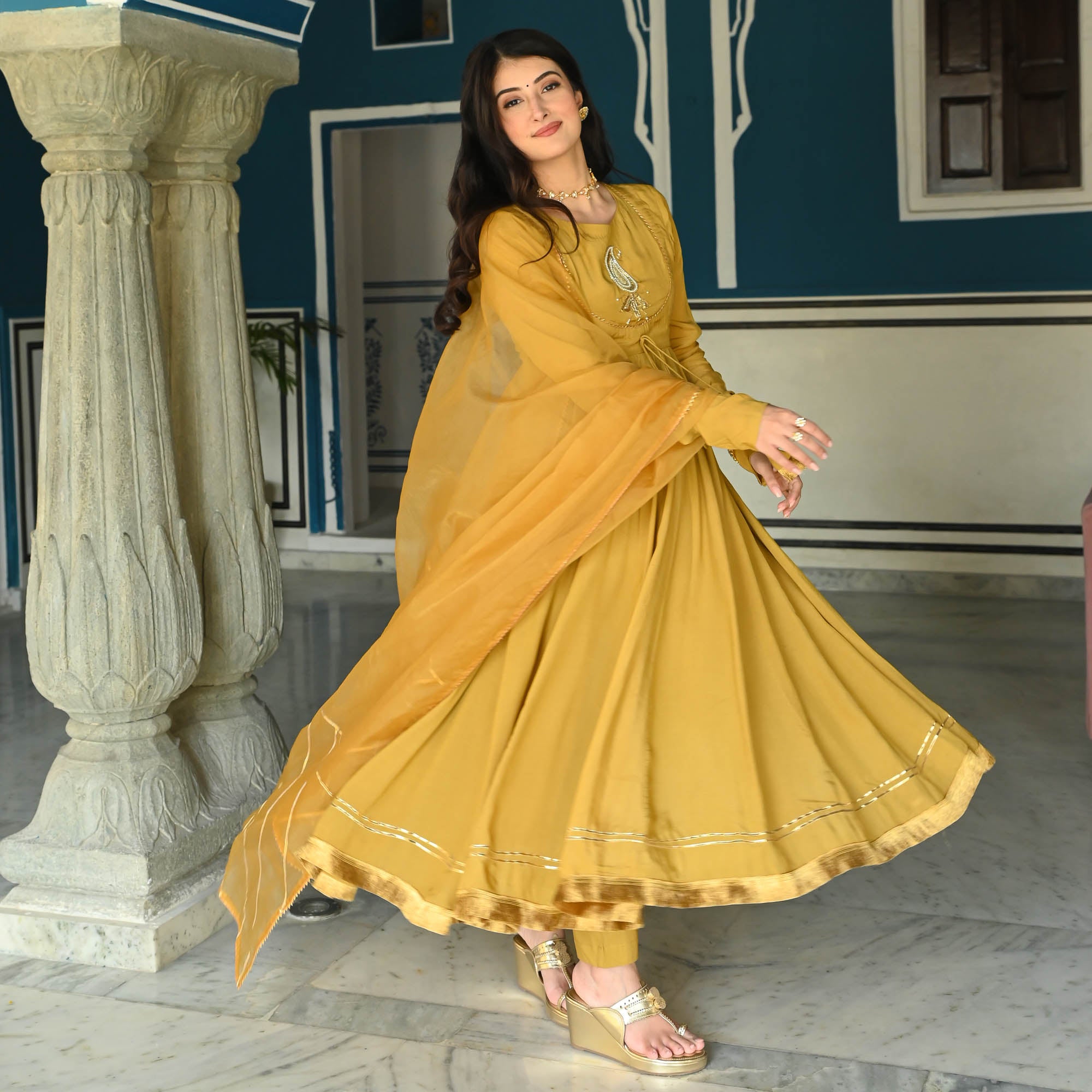 Yellow Full Sleeve Anarkali Suit Set for Women Online