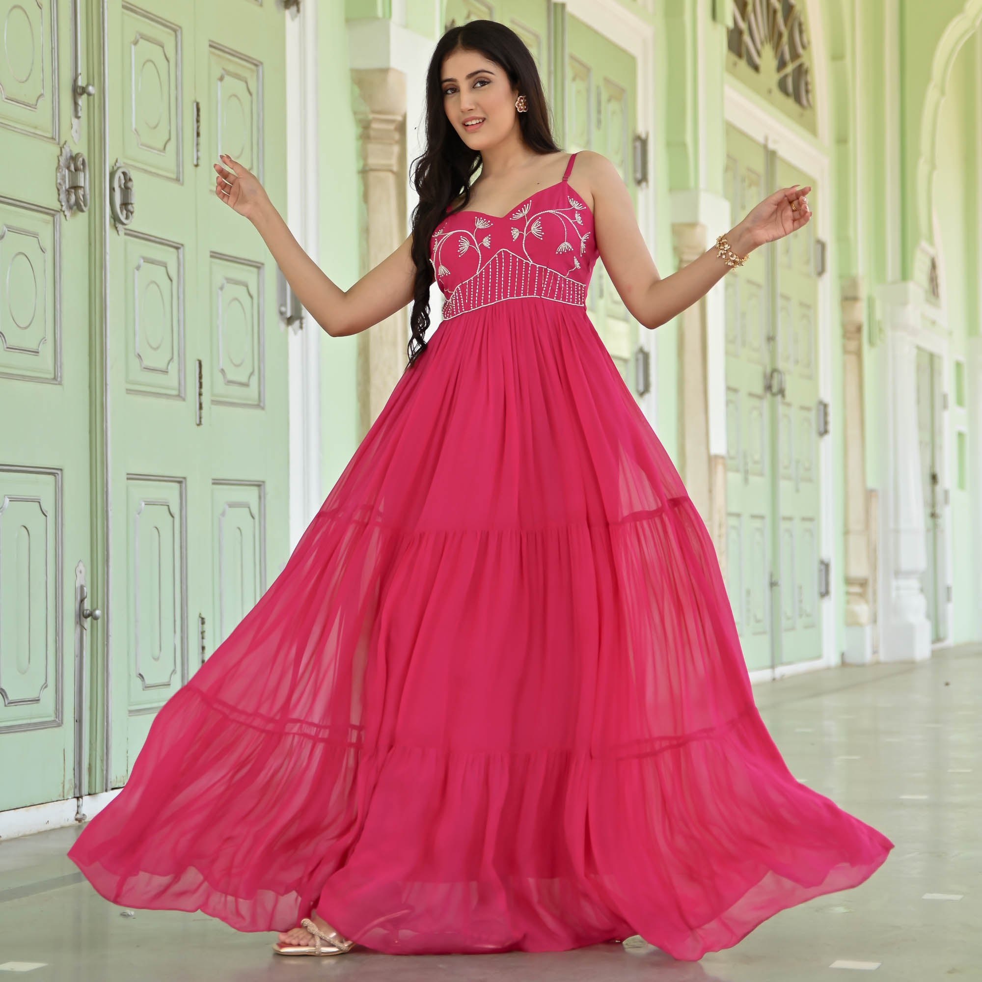 Zinnia Pink Georgette Ethnic Dress for Women Online
