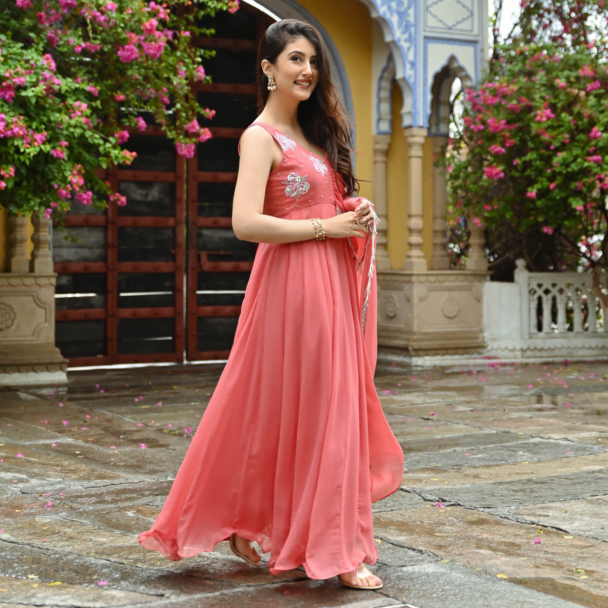 Coral Pink Cut Sleeves Indowestern Dress for Women Online