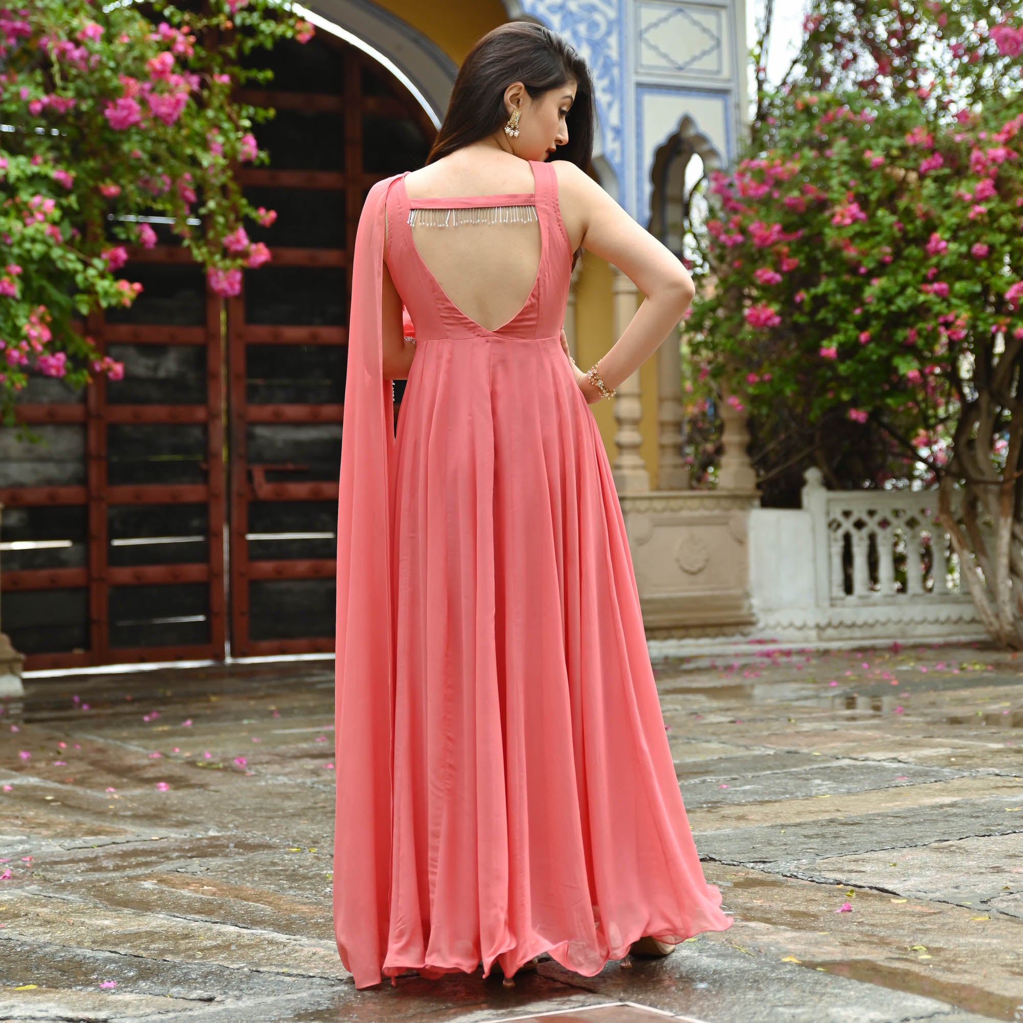 Coral Pink Cut Sleeves Indowestern Dress for Women Online