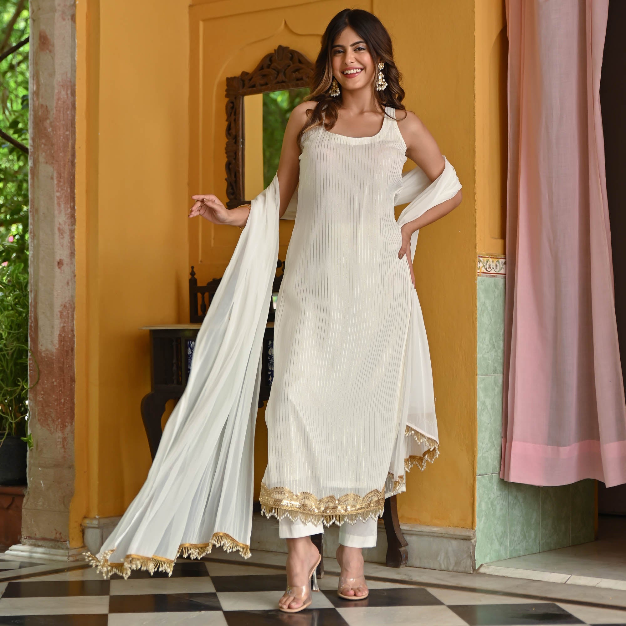 White Lurex Georgette Suit Set for Women Online
