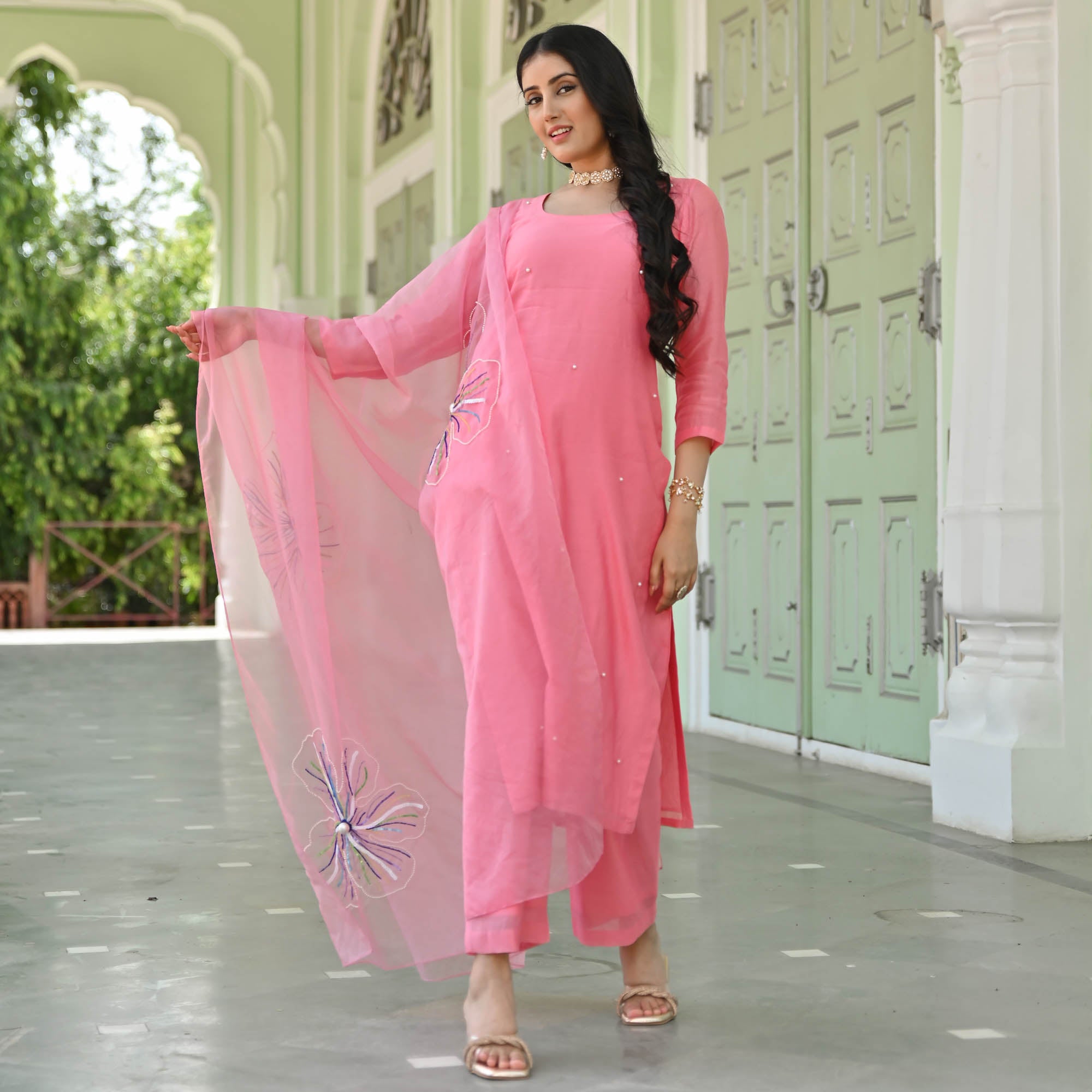Buy Party Wear Pink Embroidery Work Silk Palazzo Suit Online From Surat  Wholesale Shop.