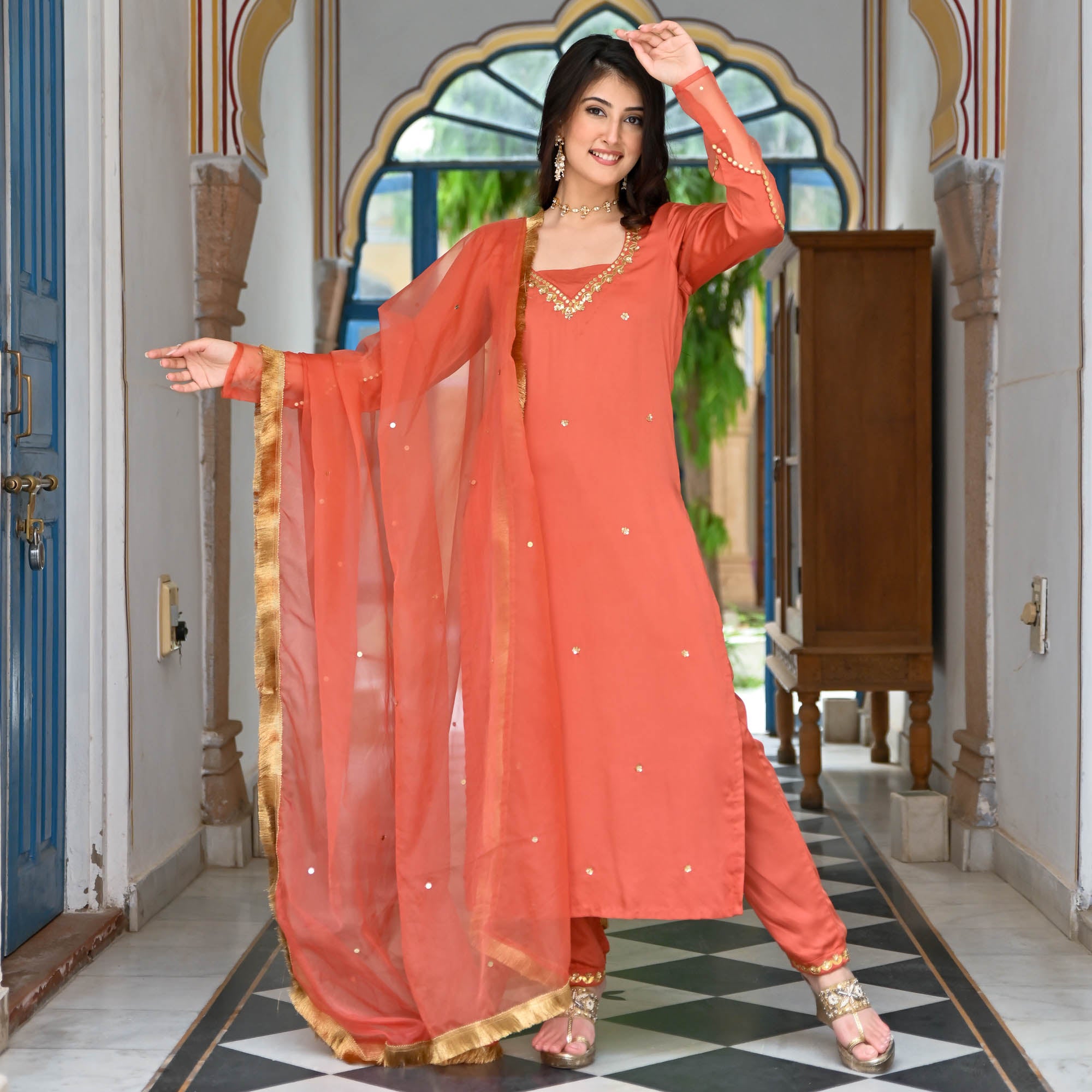 Surkh Traditional Designer Orange Suit Set for Women Online