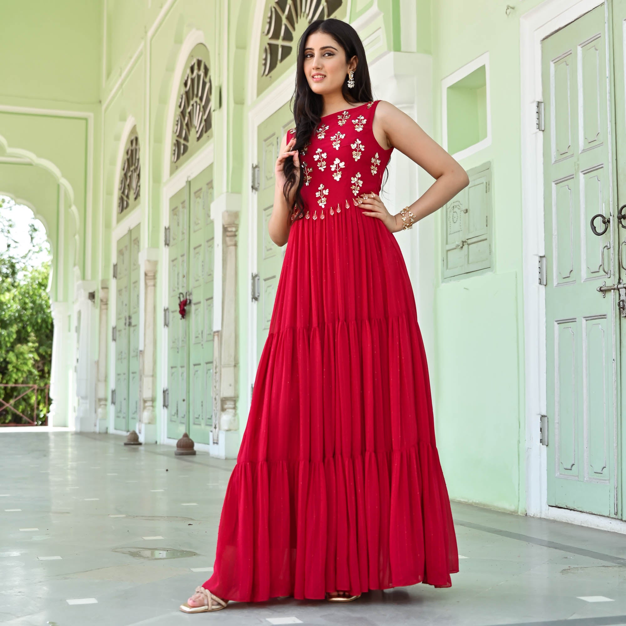 Julain Red Designer Georgette Sequin Dress for Women Online