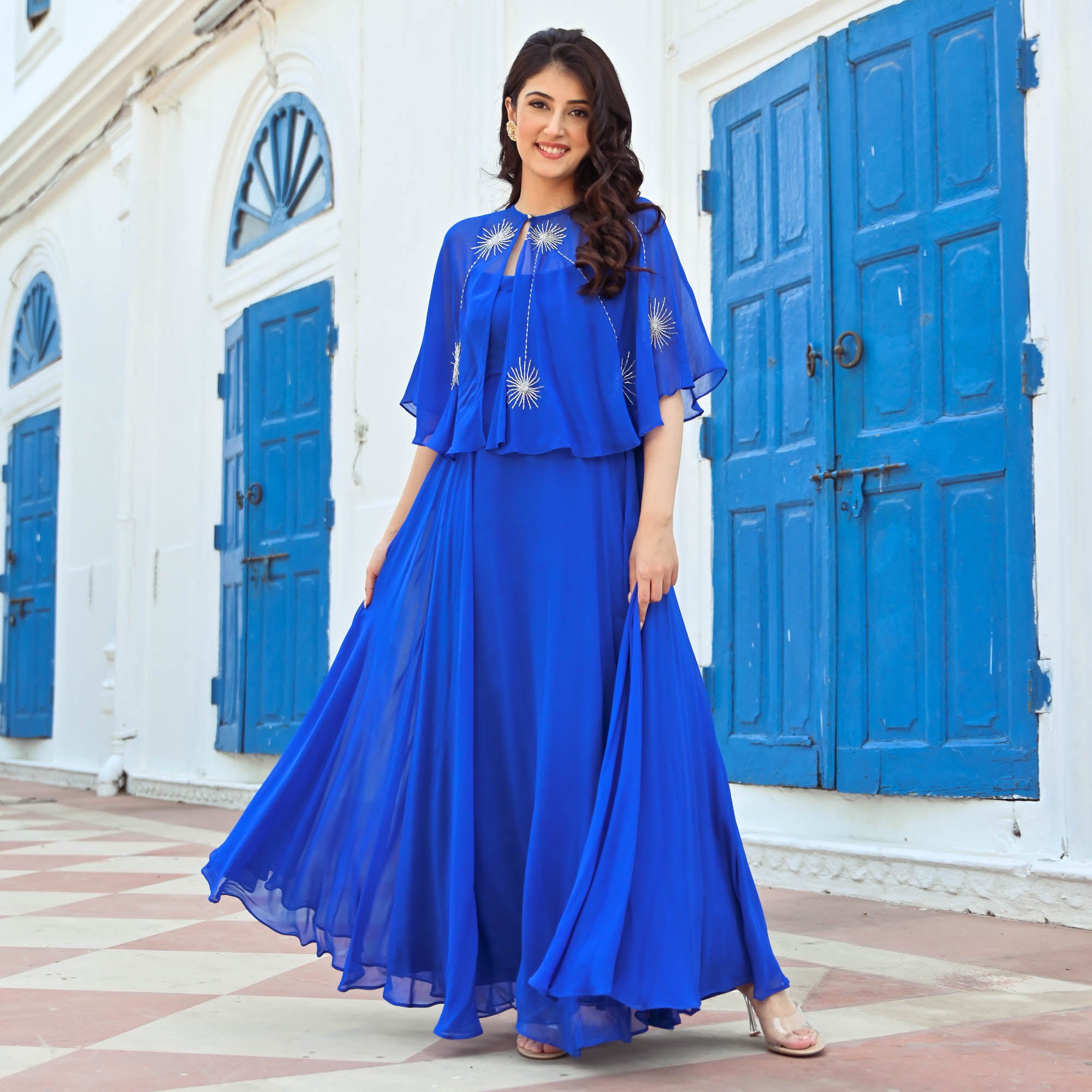 blue dress with shrug Stylish navy blue cotton dress with matching checkered long shrug