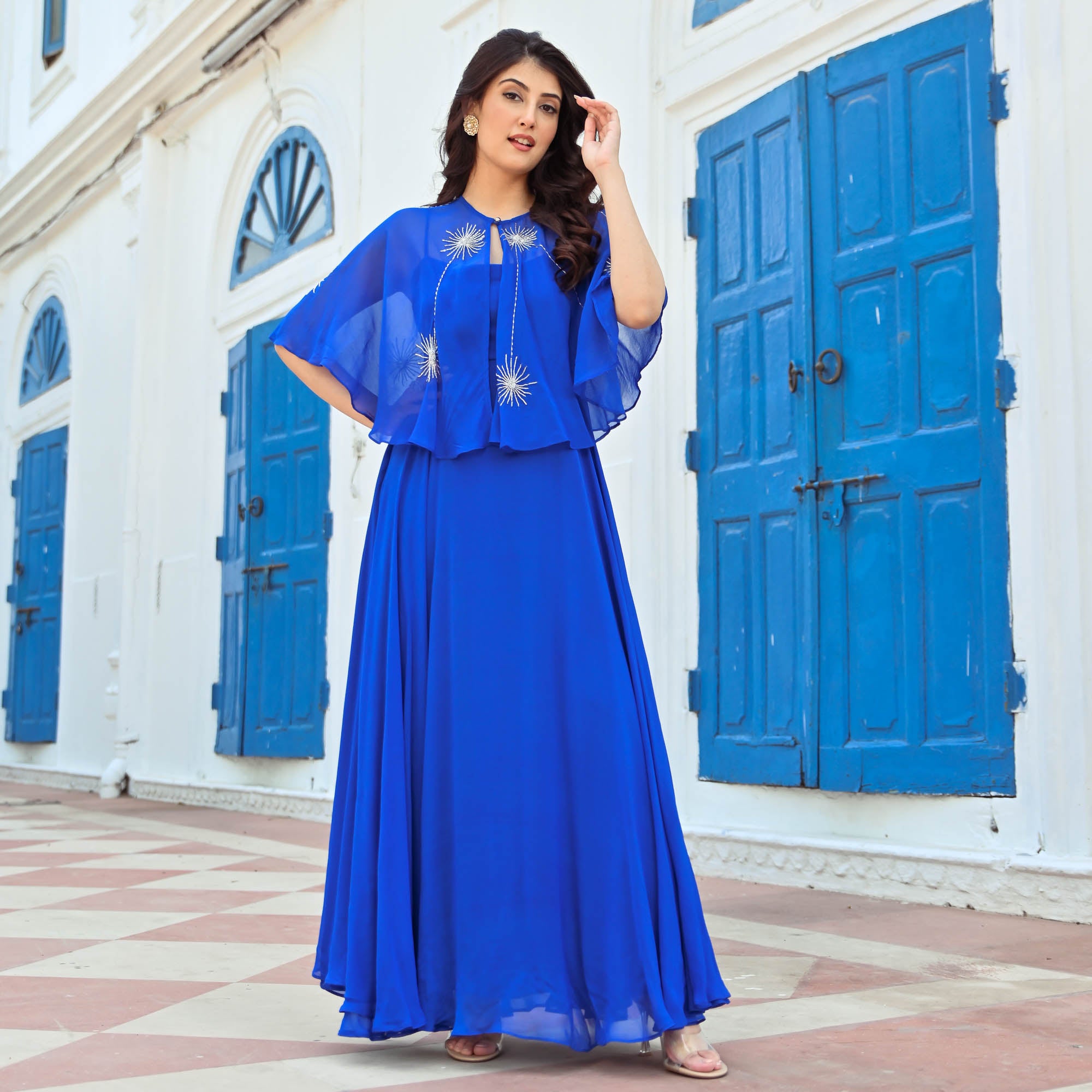 Blue Cut Sleeves Dress with Shrug for Women Online