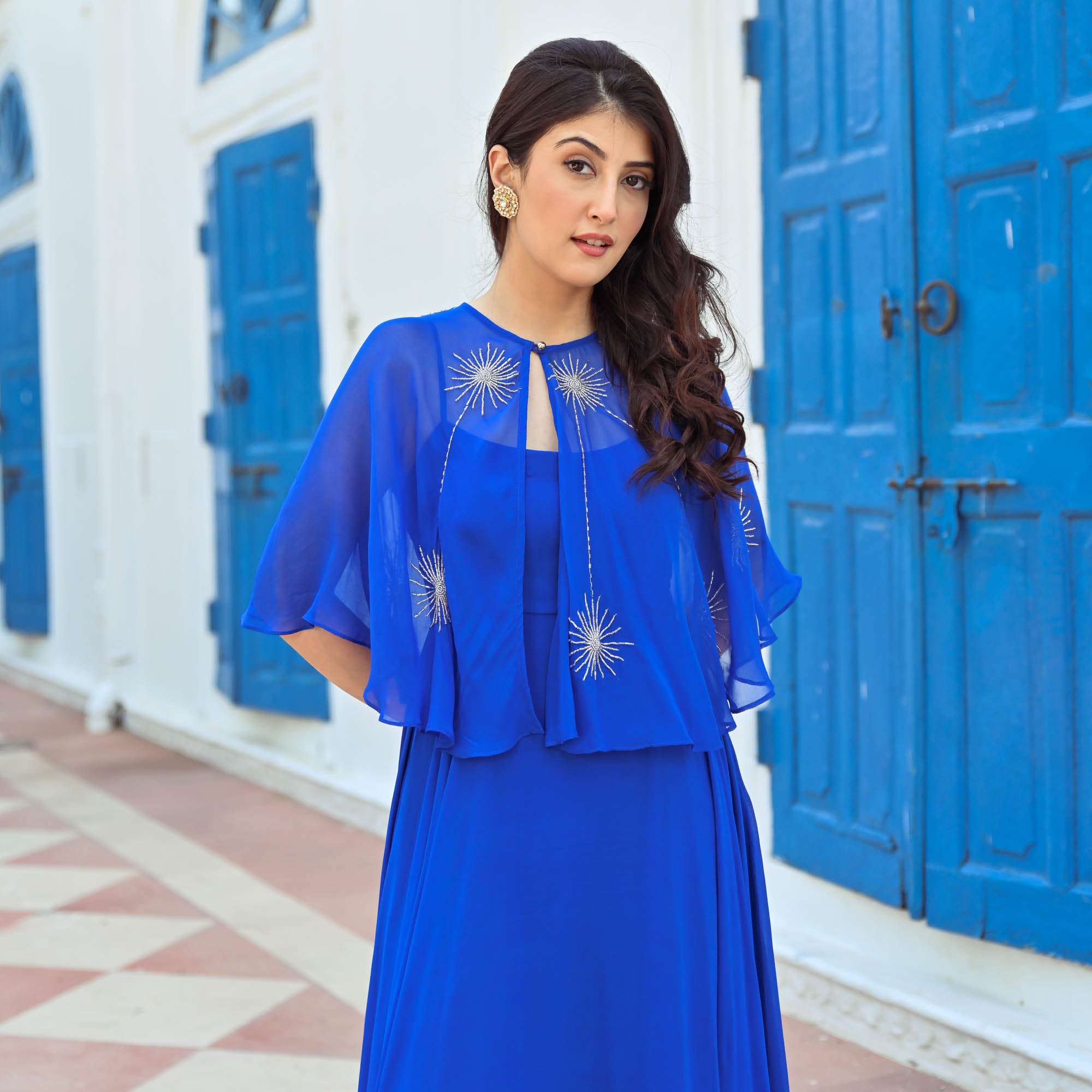 Blue Cut Sleeves Dress with Shrug for Women Online