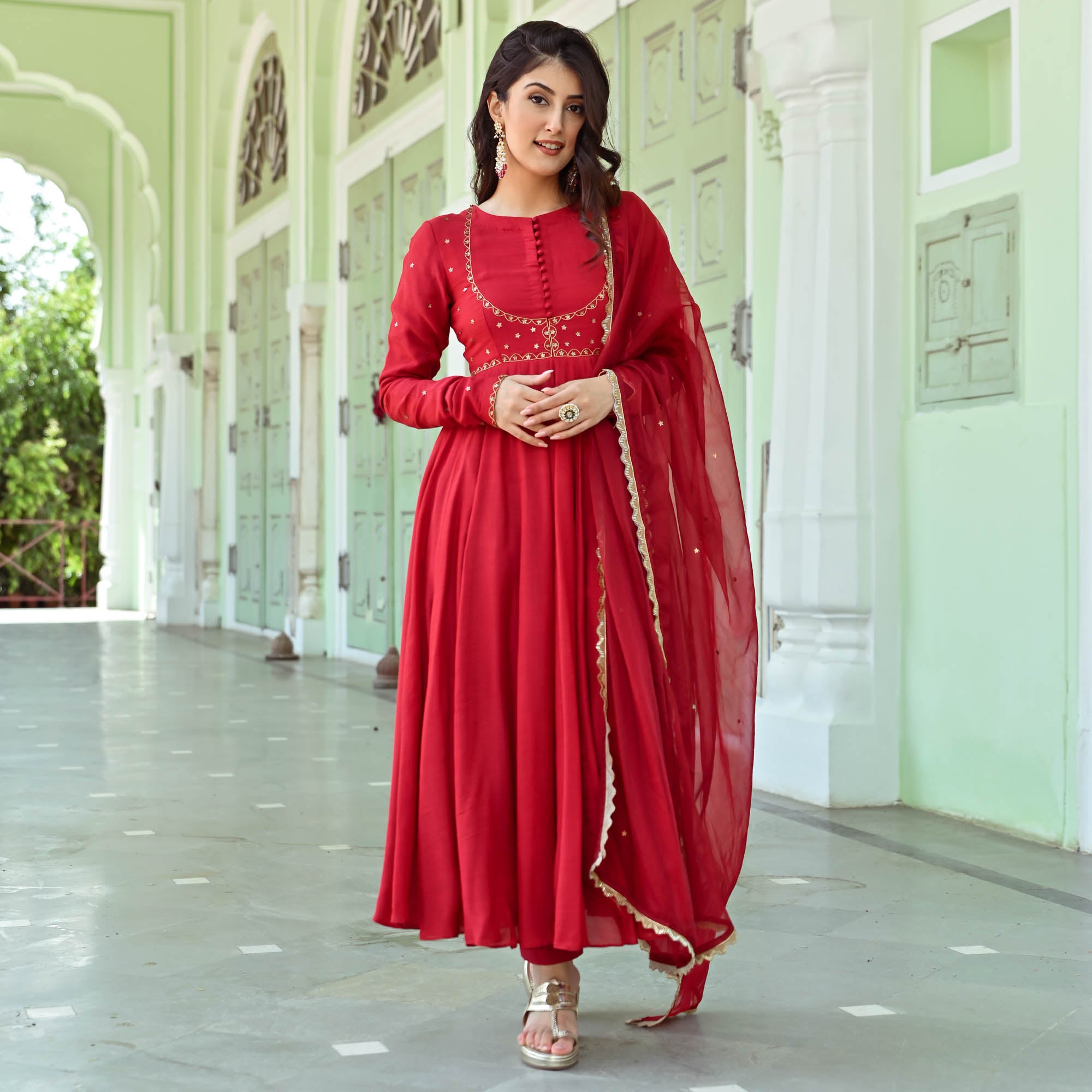 Resham Red Designer Full Sleeve Anarkali Suit Set for Women Online