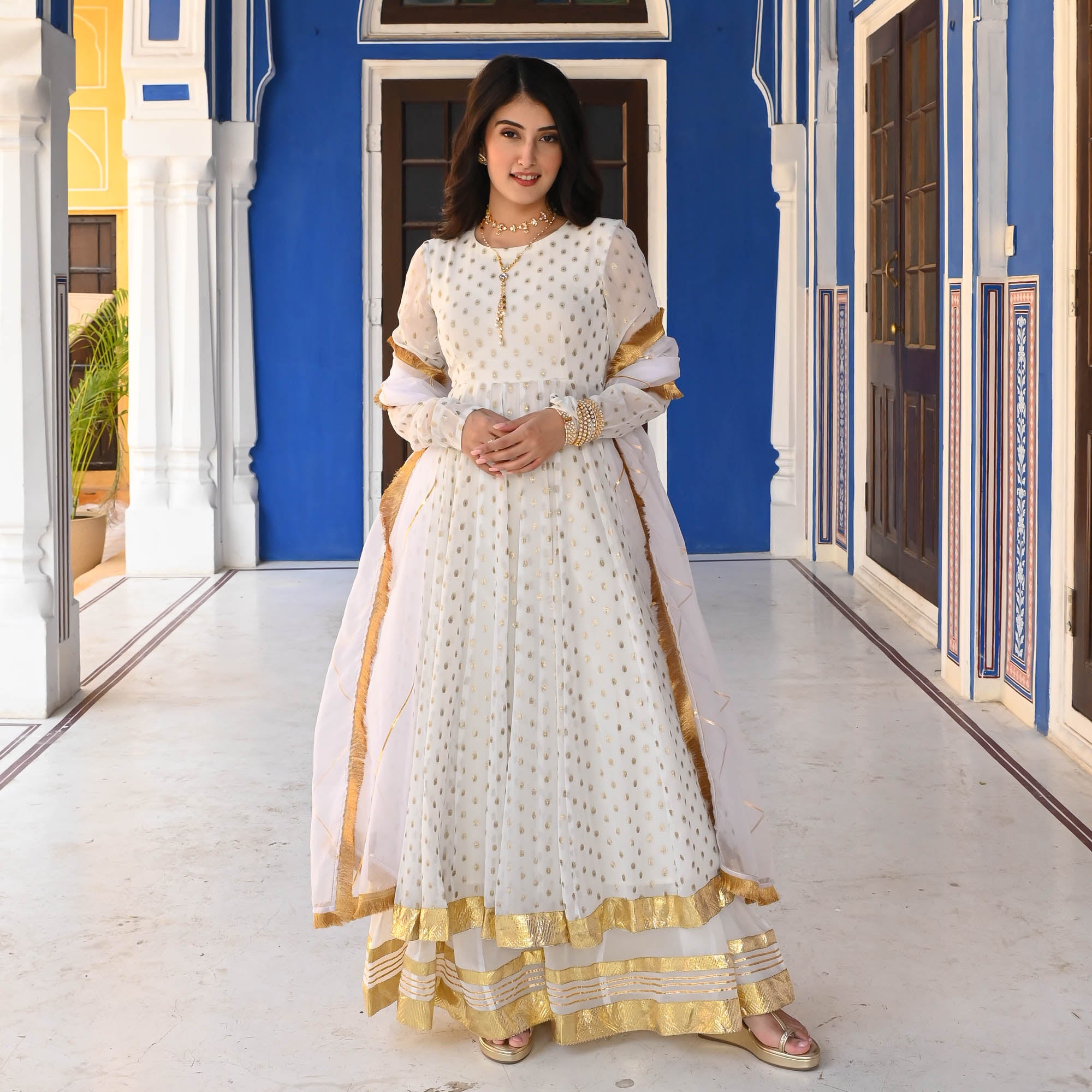 White Jacquard Anarkali Suit Set for Women Online