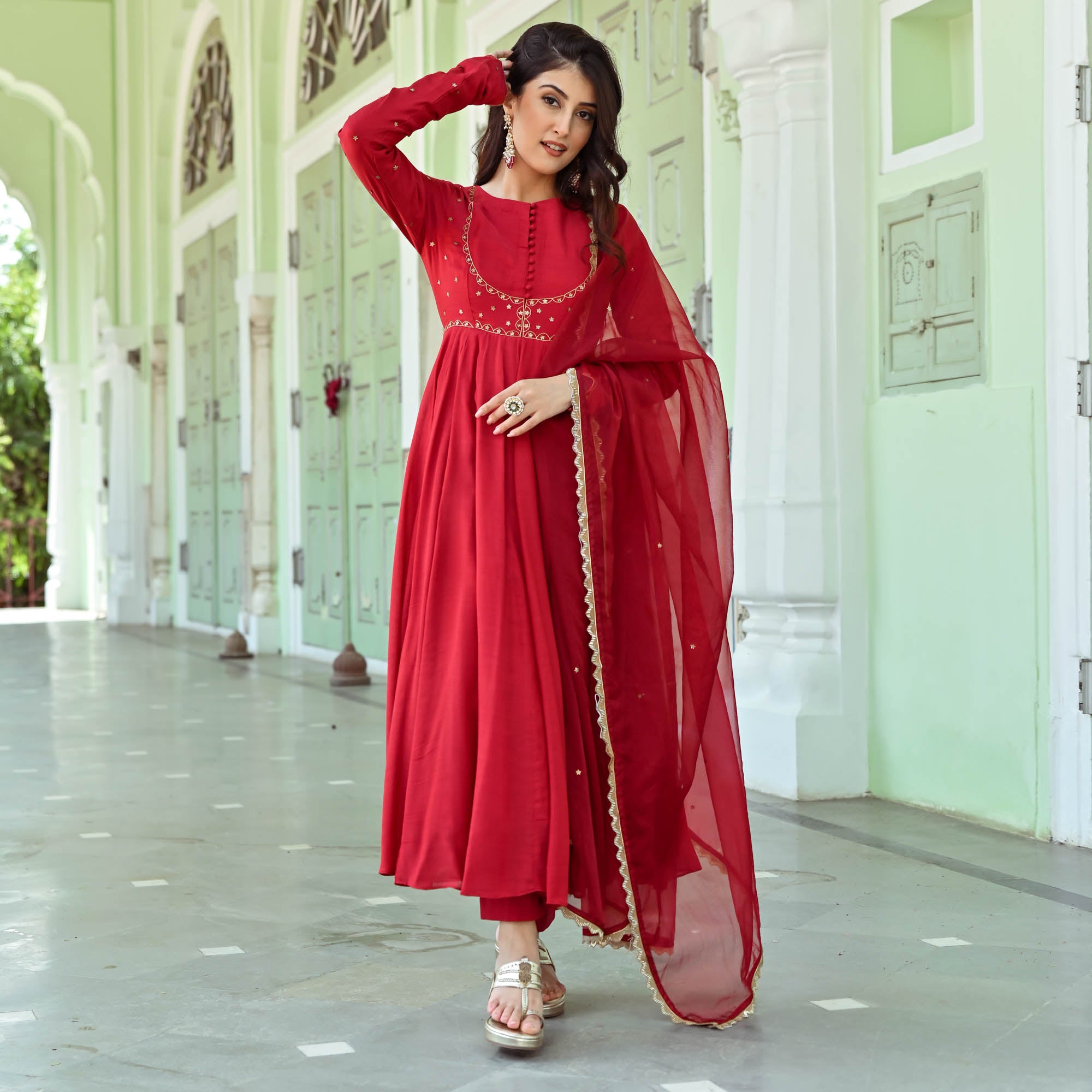 Red Full Sleeve Anarkali Suit Set for Women Online