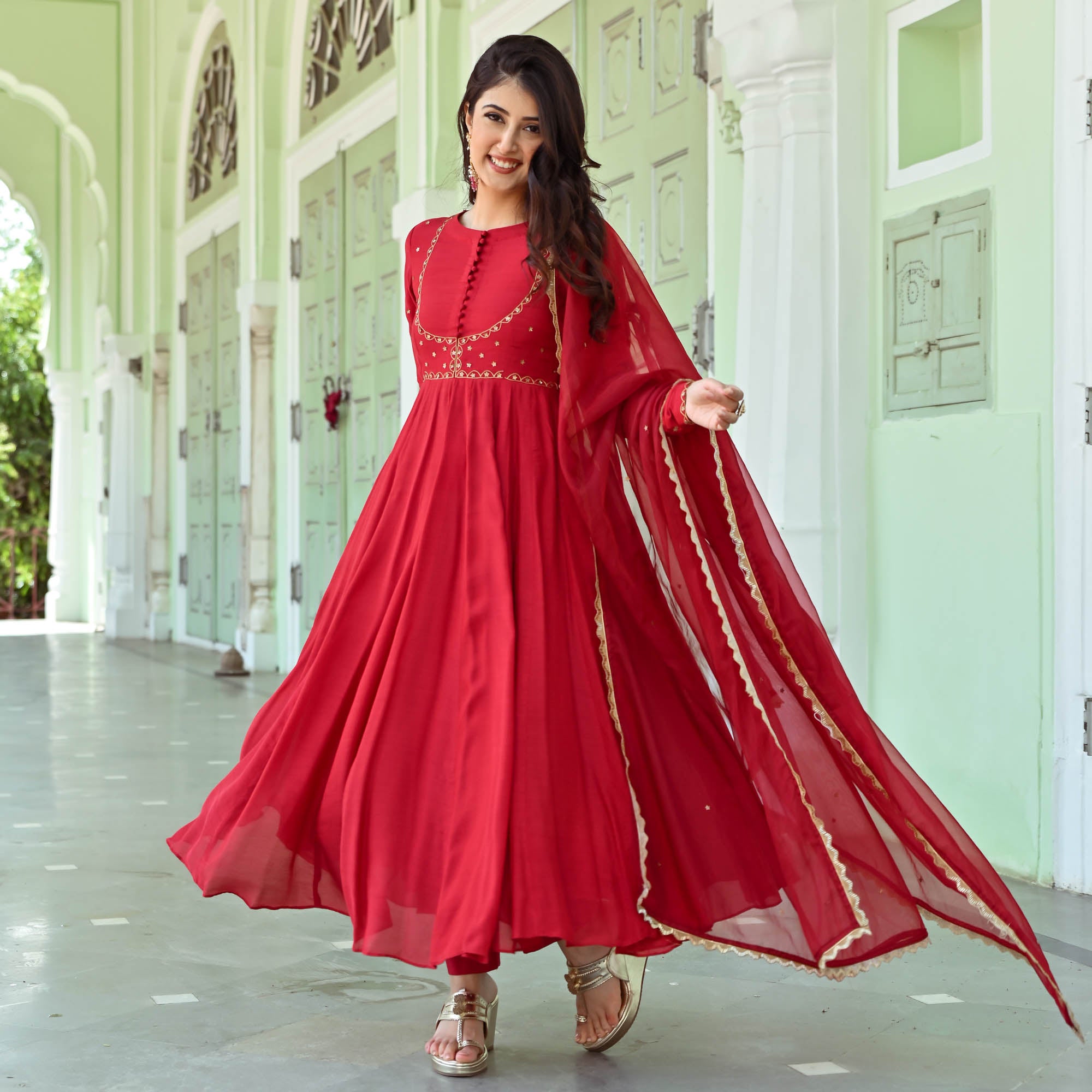 Red Full Sleeve Anarkali Suit Set for Women Online