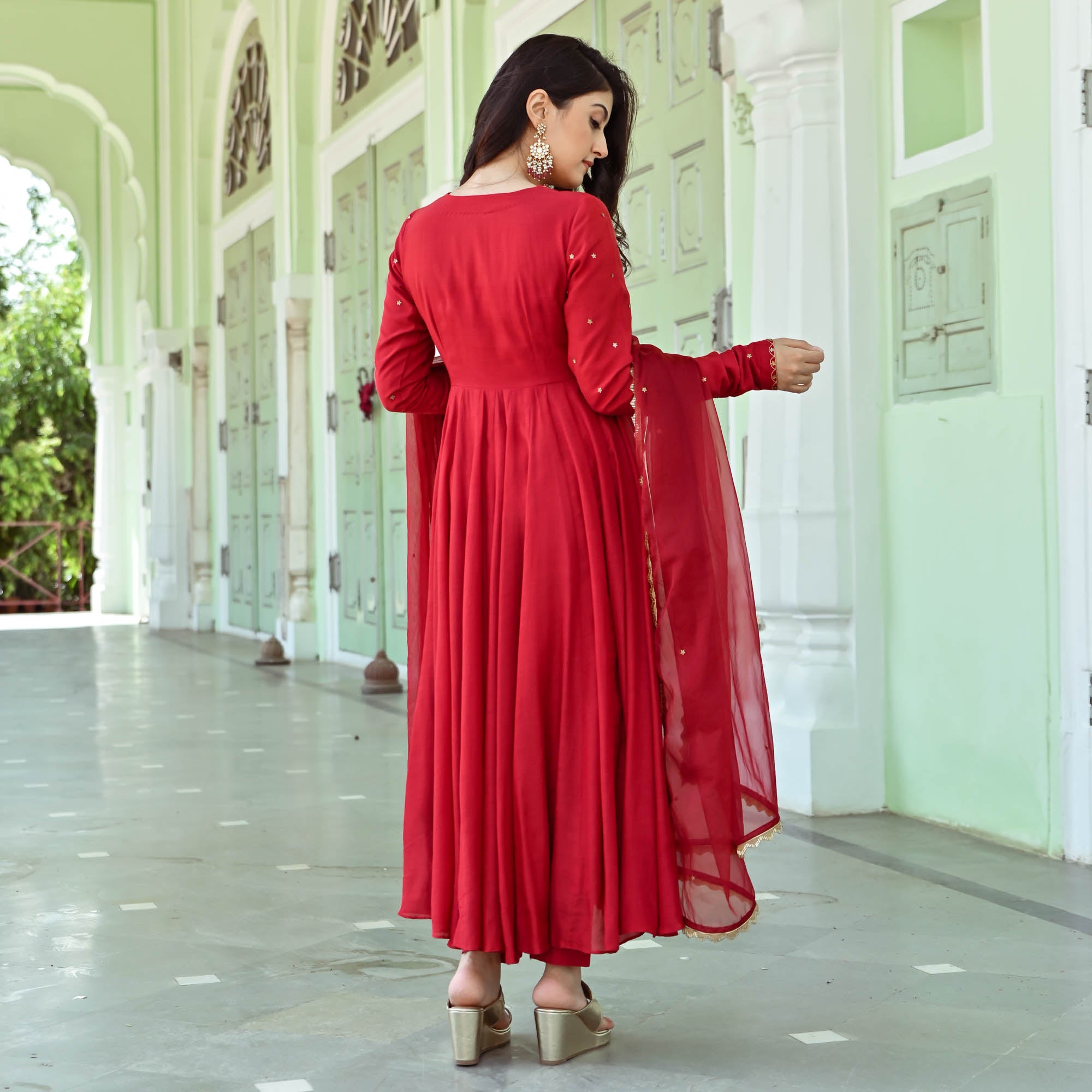 Red Full Sleeve Anarkali Suit Set for Women Online