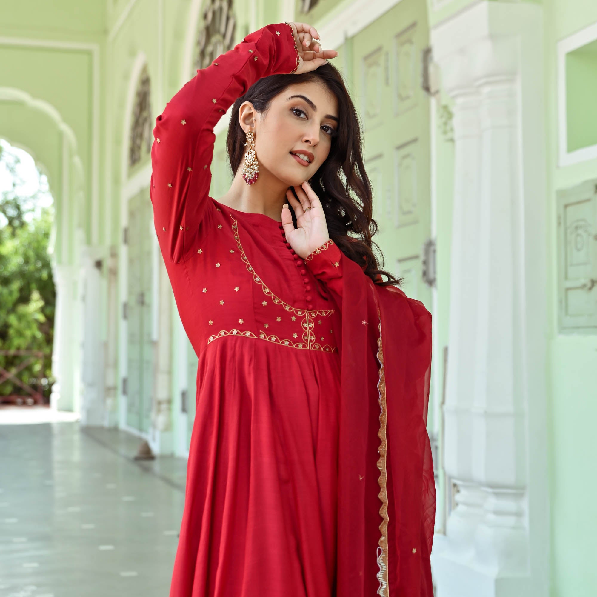 Red Full Sleeve Anarkali Suit Set for Women Online