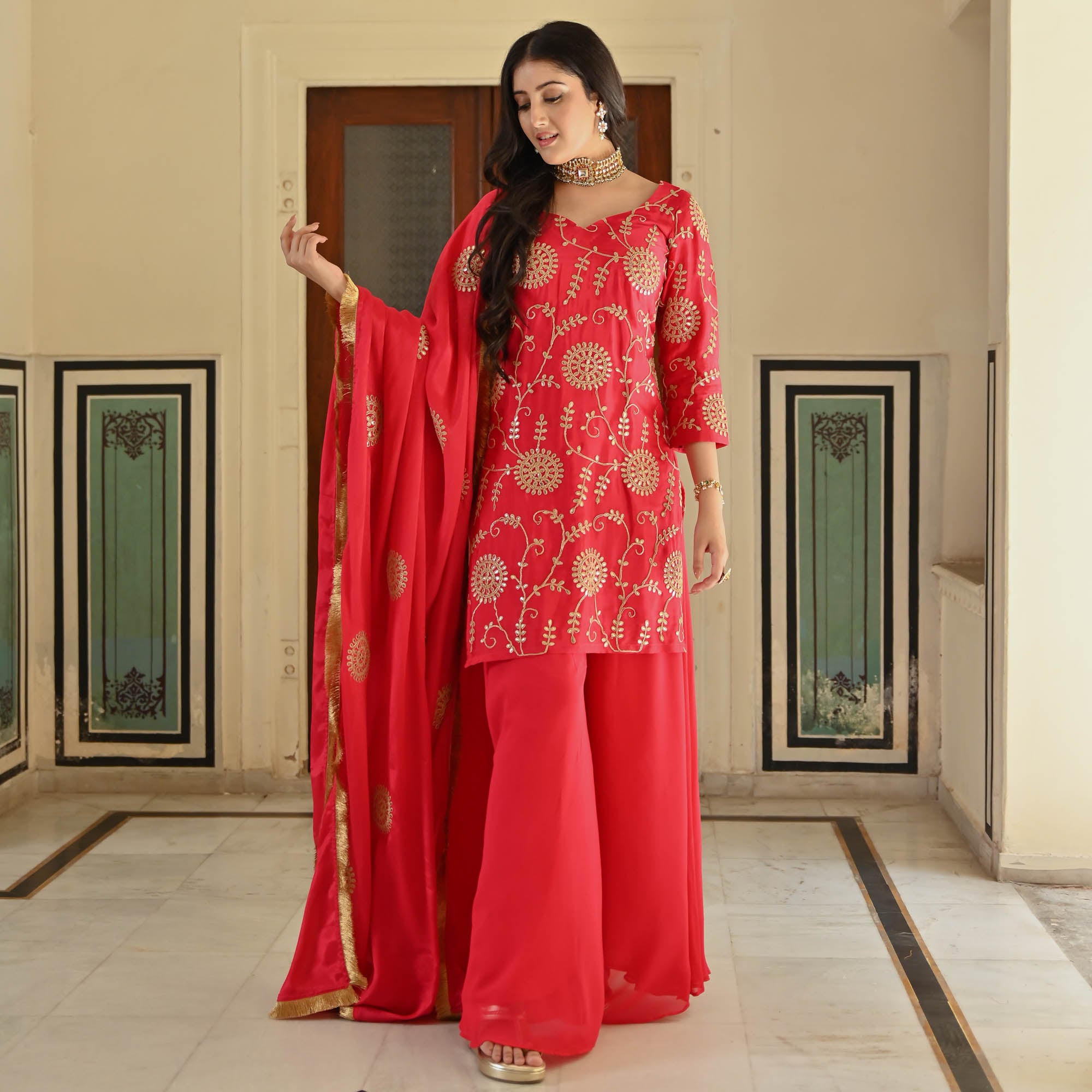 Kali Red Cotton Silk Designer Sharara Suit Set for Women Online