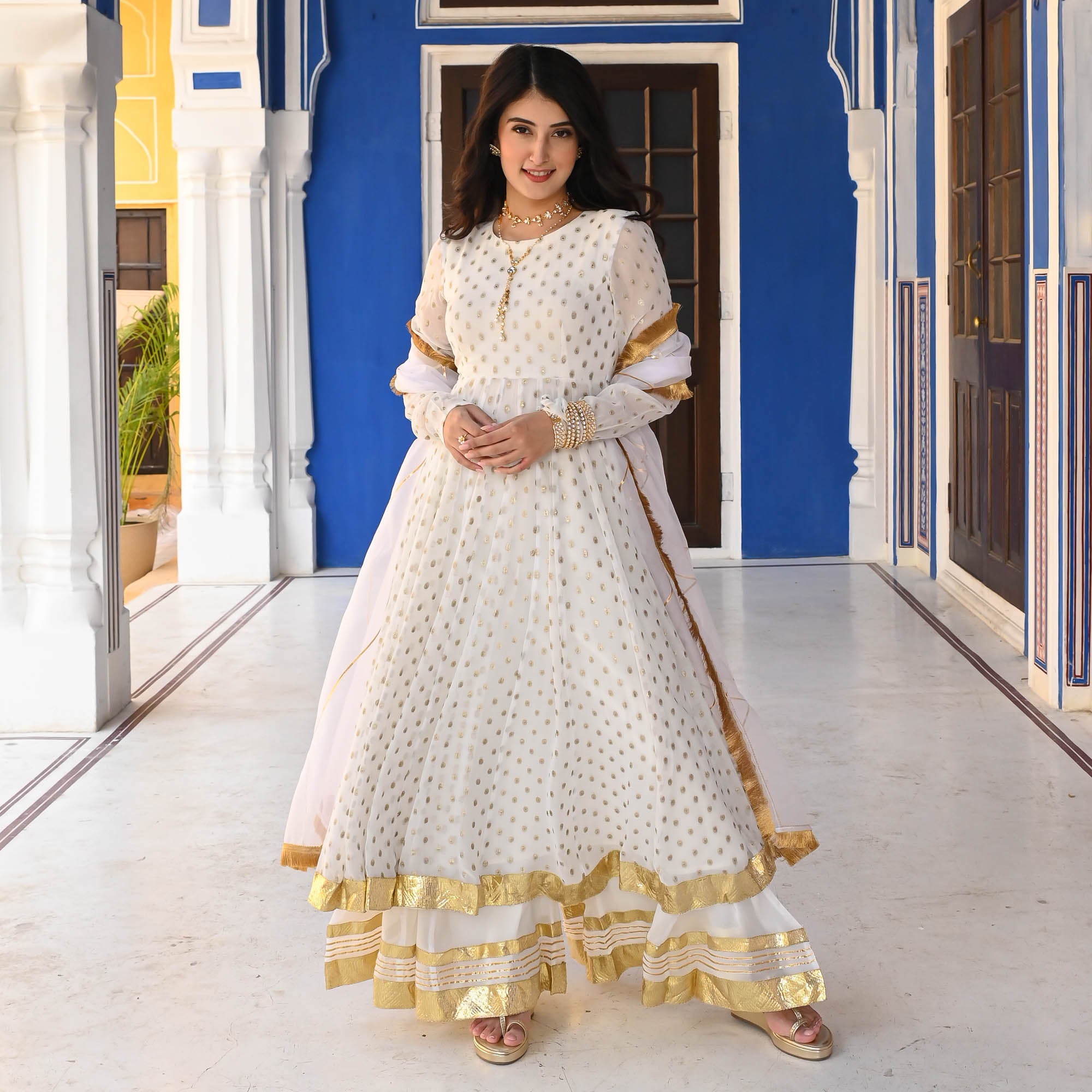 White Jacquard Anarkali Suit Set for Women Online