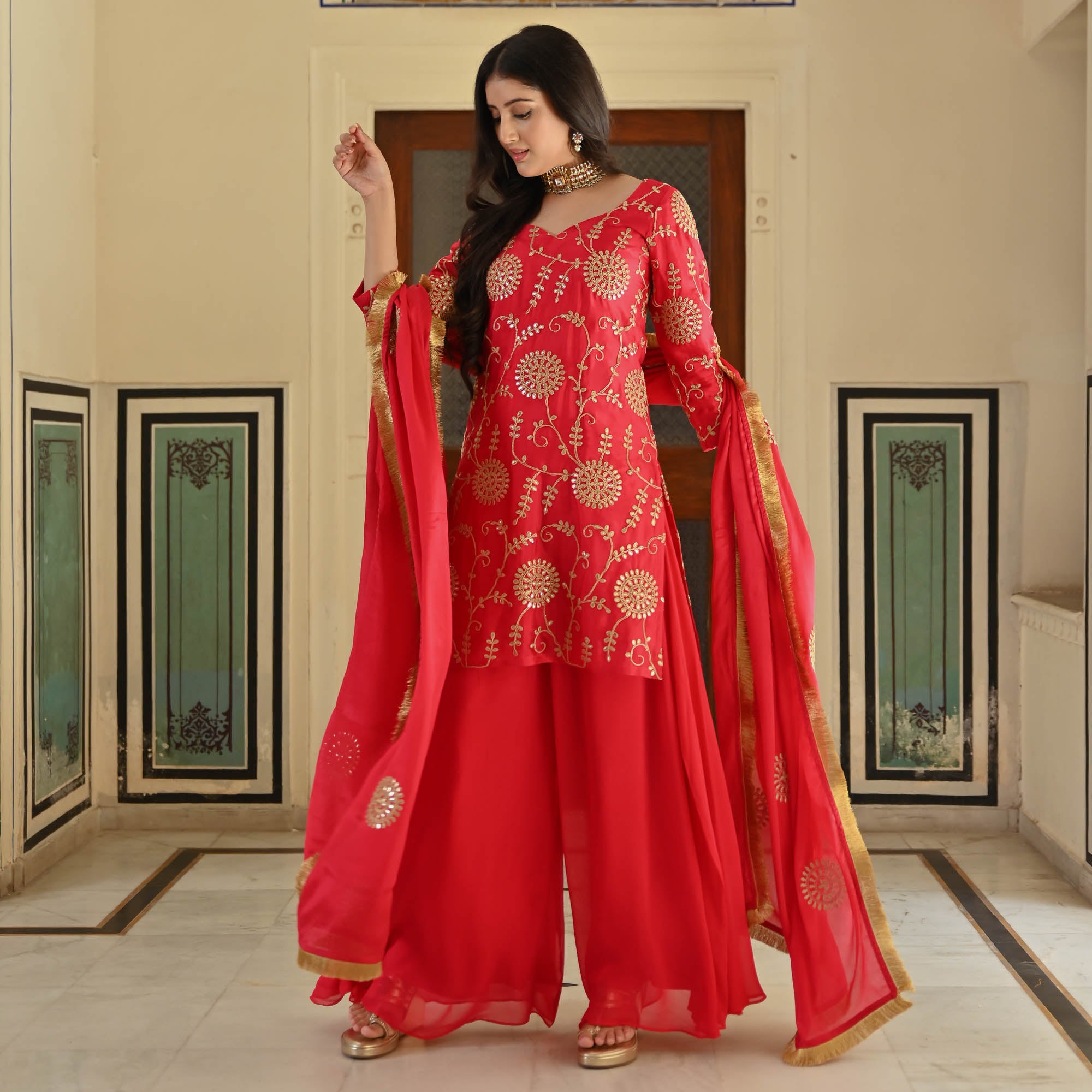 Kali Red Cotton Silk Designer Sharara Suit Set for Women Online