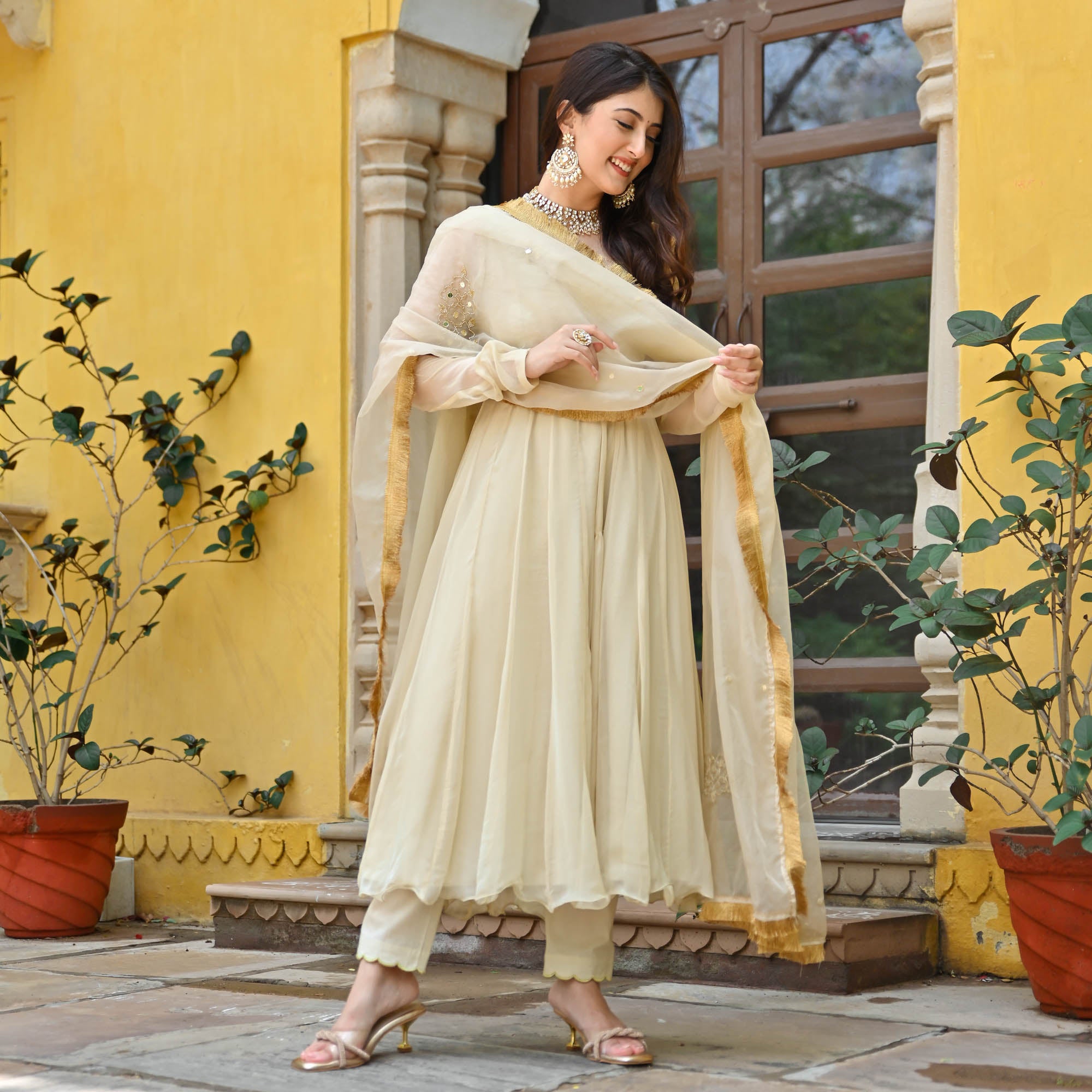 cream colour anarkali dress Buy Cream Beige Resham Embroidered Tissue Anarkali Suit with Broad U Neck Online