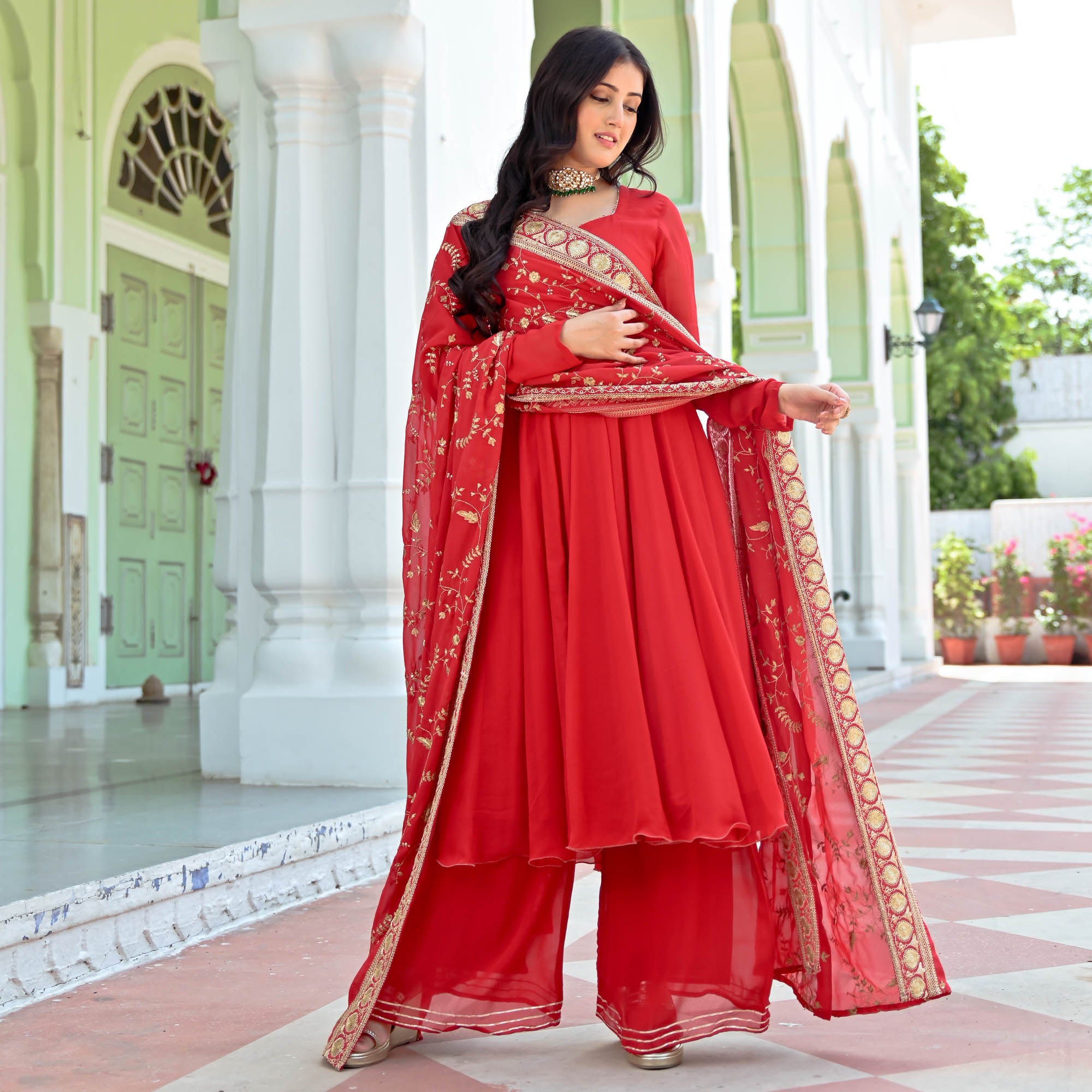 Red full sleeve Anarkali Suit Set for Women Online