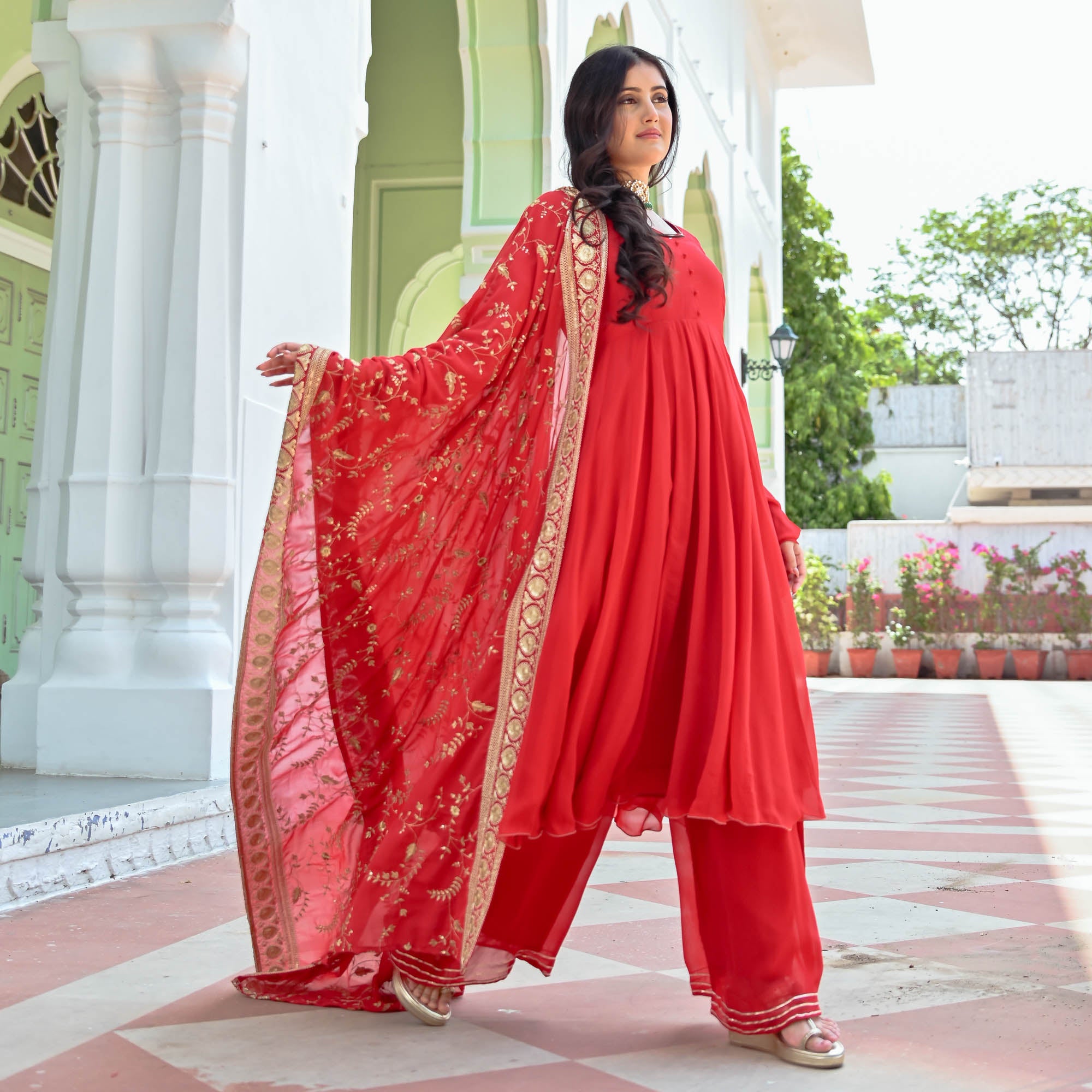 Red full sleeve Anarkali Suit Set for Women Online