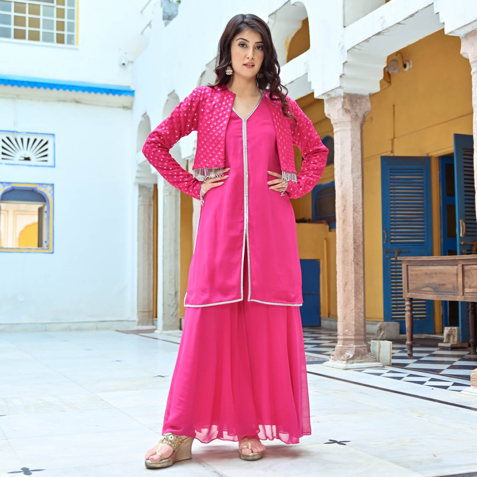 Rani Pink Full Sleeve Designer Georgette Co-Ord Set Online