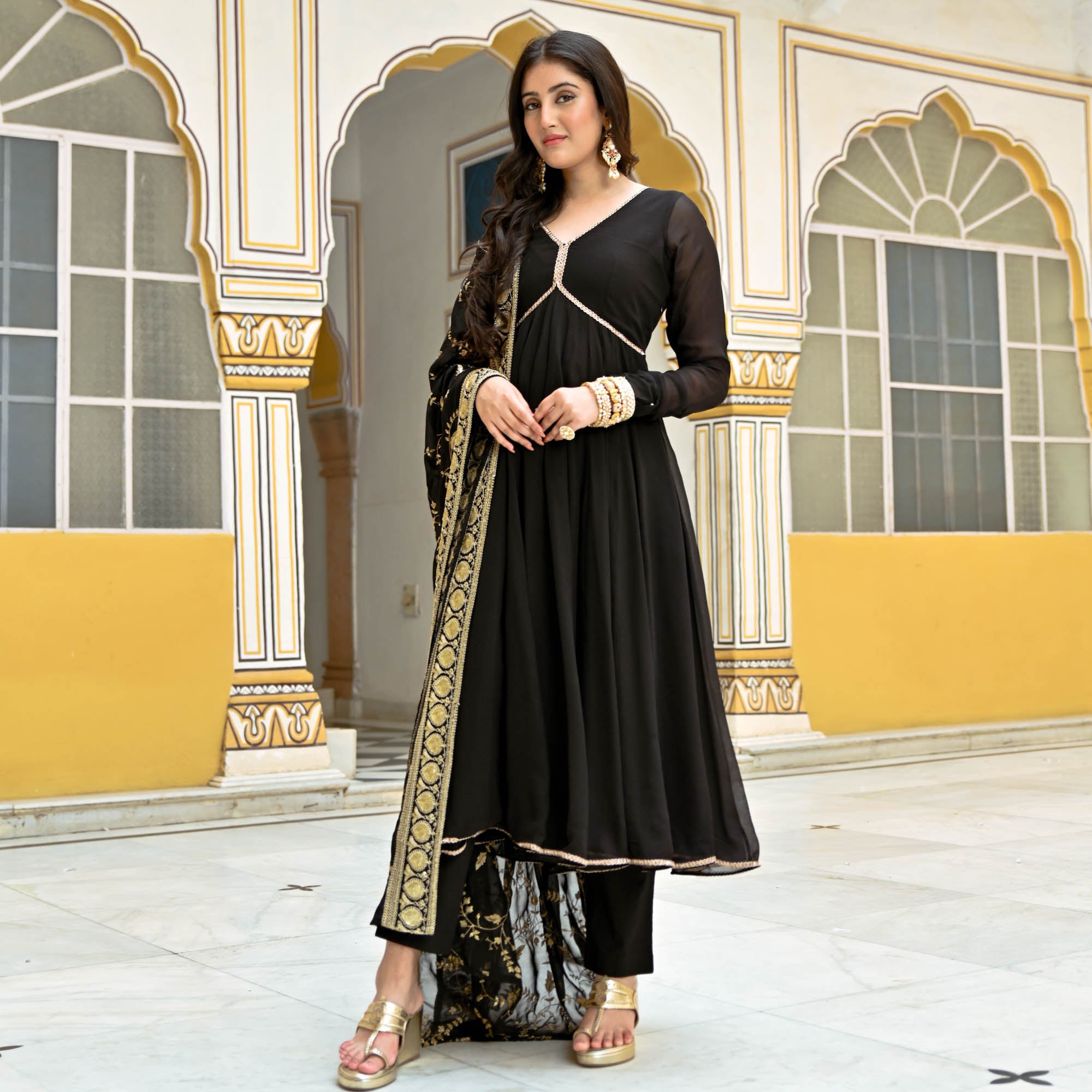 Qatra Black Designer Georgette Anarkali Suit Set for Women Online