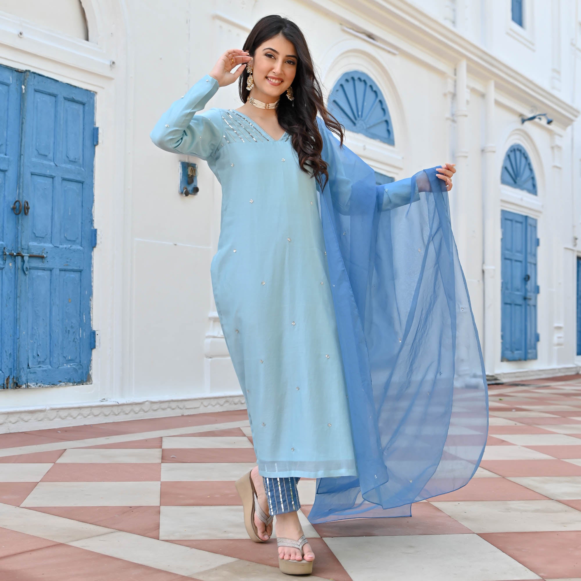 Arsh Blue Designer Full Sleeve Chanderi Suit Set for Women Online