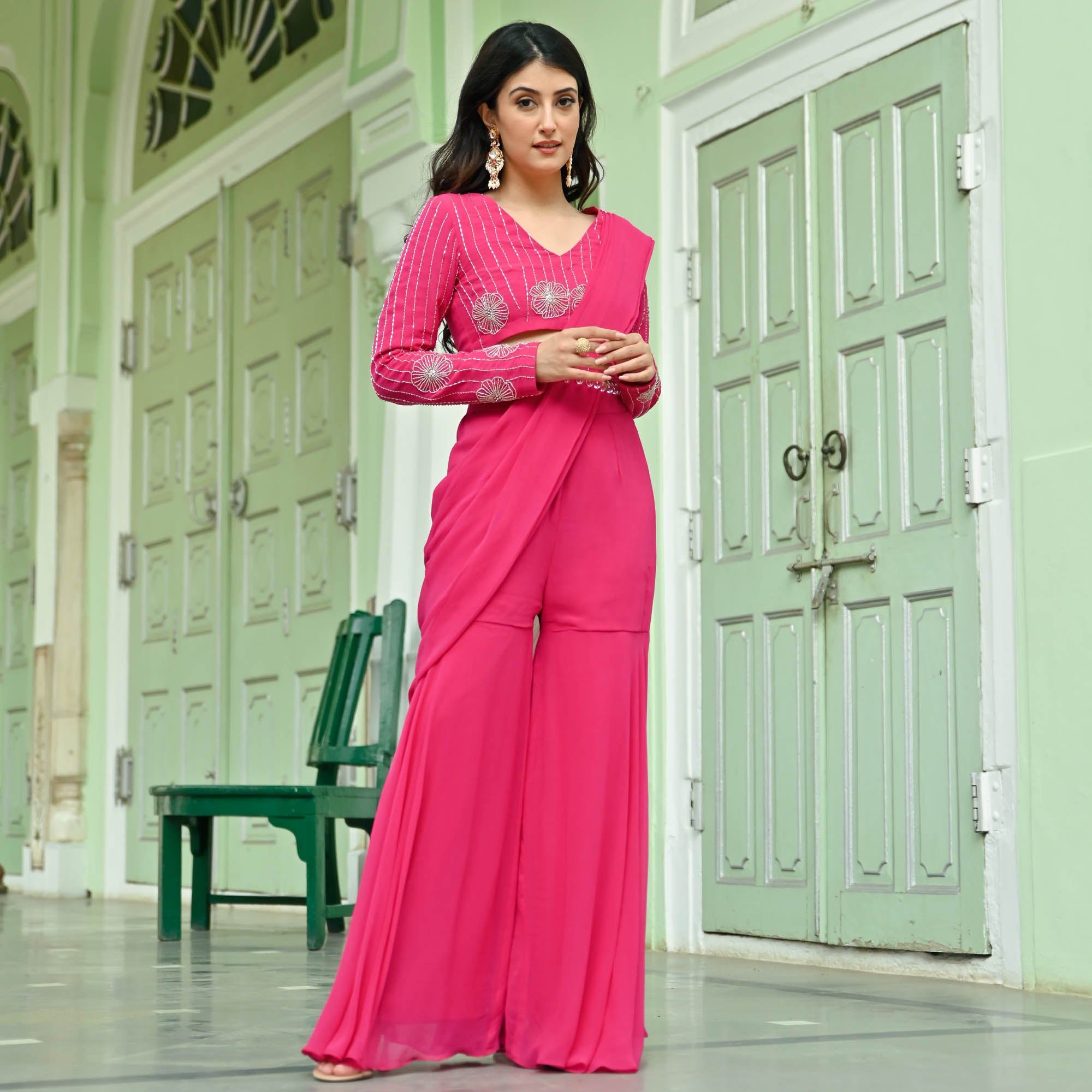 Hylie Pink Georgette Designer Draped Saree for Women Online