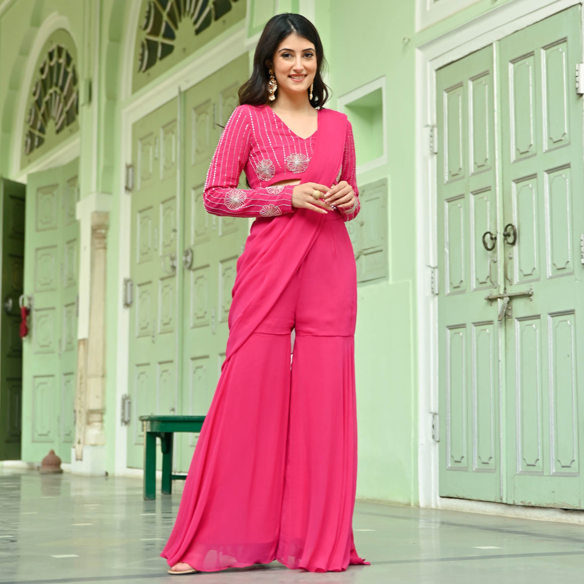 Hylie Pink Georgette Designer Draped Saree for Women Online
